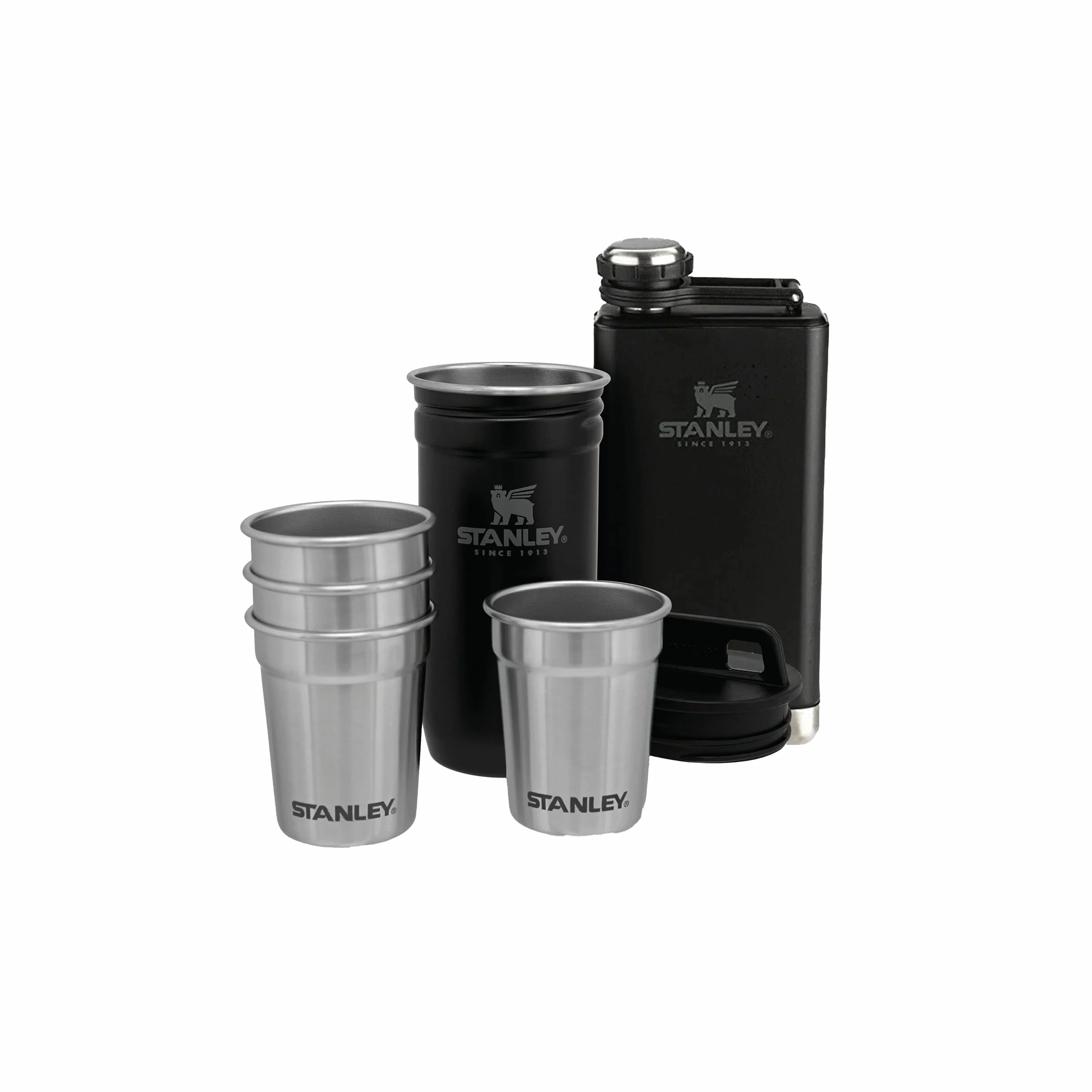 Stanley 1913 Adventure Pre-Party Shot Glass + Flask Set Matte Black Stal nierdzewna Bez BPA Zestaw podarunkowy