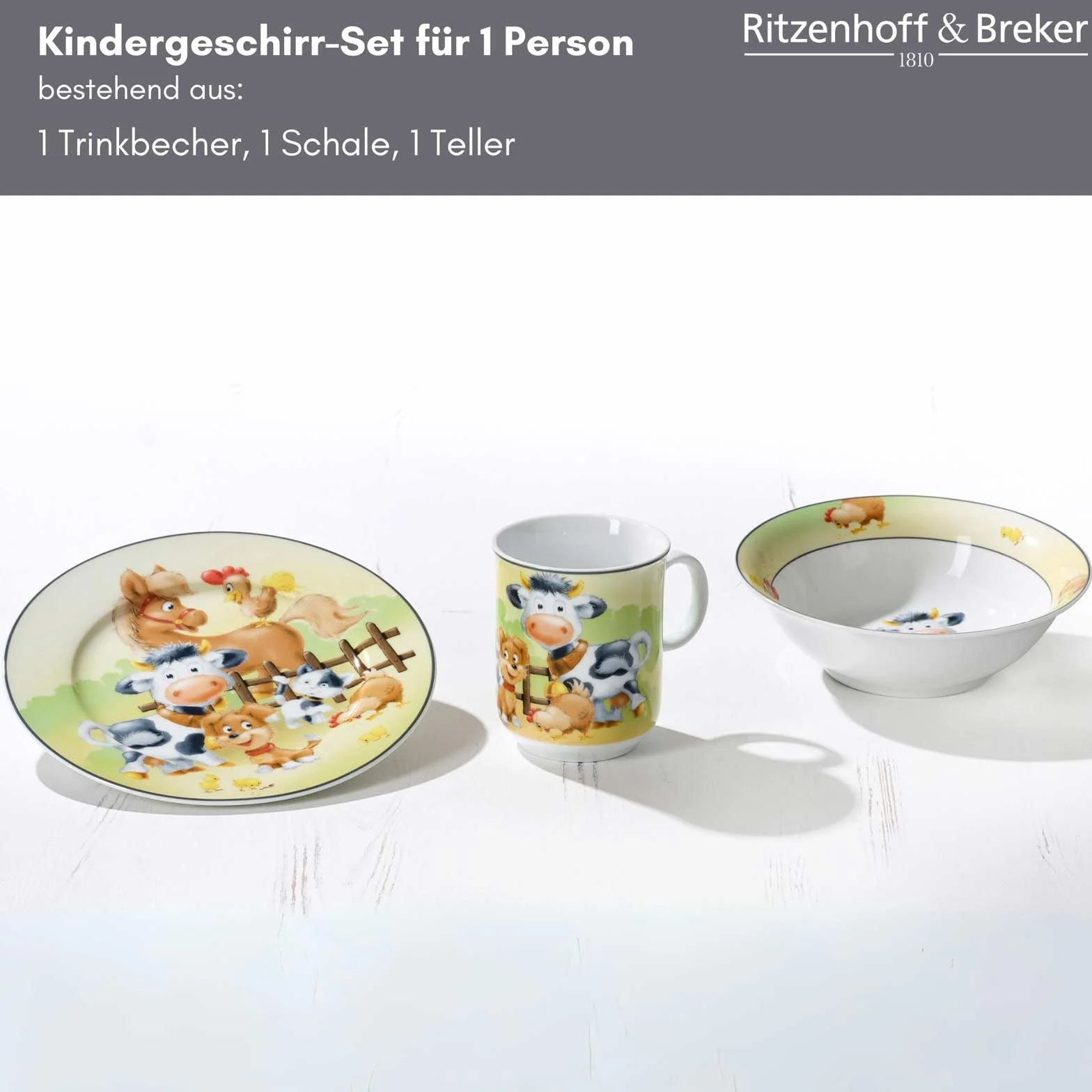 Ritzenhoff & Breker Zestaw naczyń dla dzieci 3-częściowy porcelana kolorowy kubek 270 ml talerz 19 cm miska 450 ml zwierzęta gospodarstwa