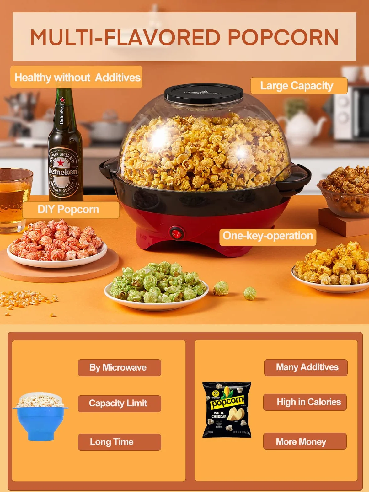 HOUSNAT maszyna do popcornu, duża pojemność 5,5 l, 800 W, z powłoką zapobiegającą przywieraniu i zdejmowaną powierzchnią grzewczą, cicha i szybka