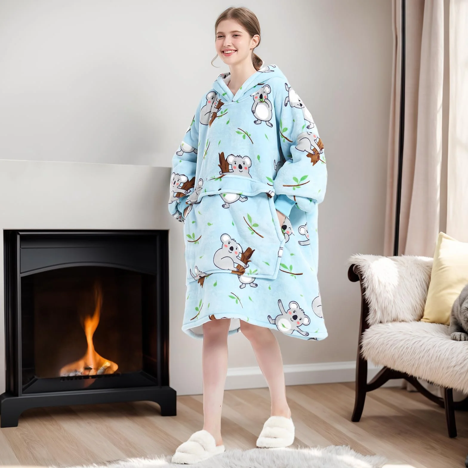 Wenlia Ponadwymiarowy koc z kapturem bluza dla kobiet, nadruk flanelowy koc sherpa, duża kieszeń, super miękka, ciepła, przytulna, gruba bluza z kapturem, jeden rozmiar, pasuje do wszystkich - prezent