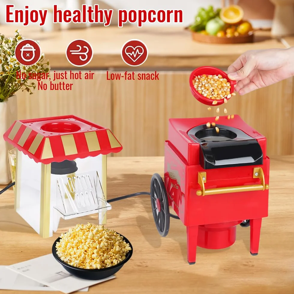 Maszyna do popcornu w stylu retro, na gorące powietrze, do beztłuszczowego i bezolejowego popcornu, zdrowa maszyna do popcornu do domu, czerwona, maszyna do popcornu bez oleju
