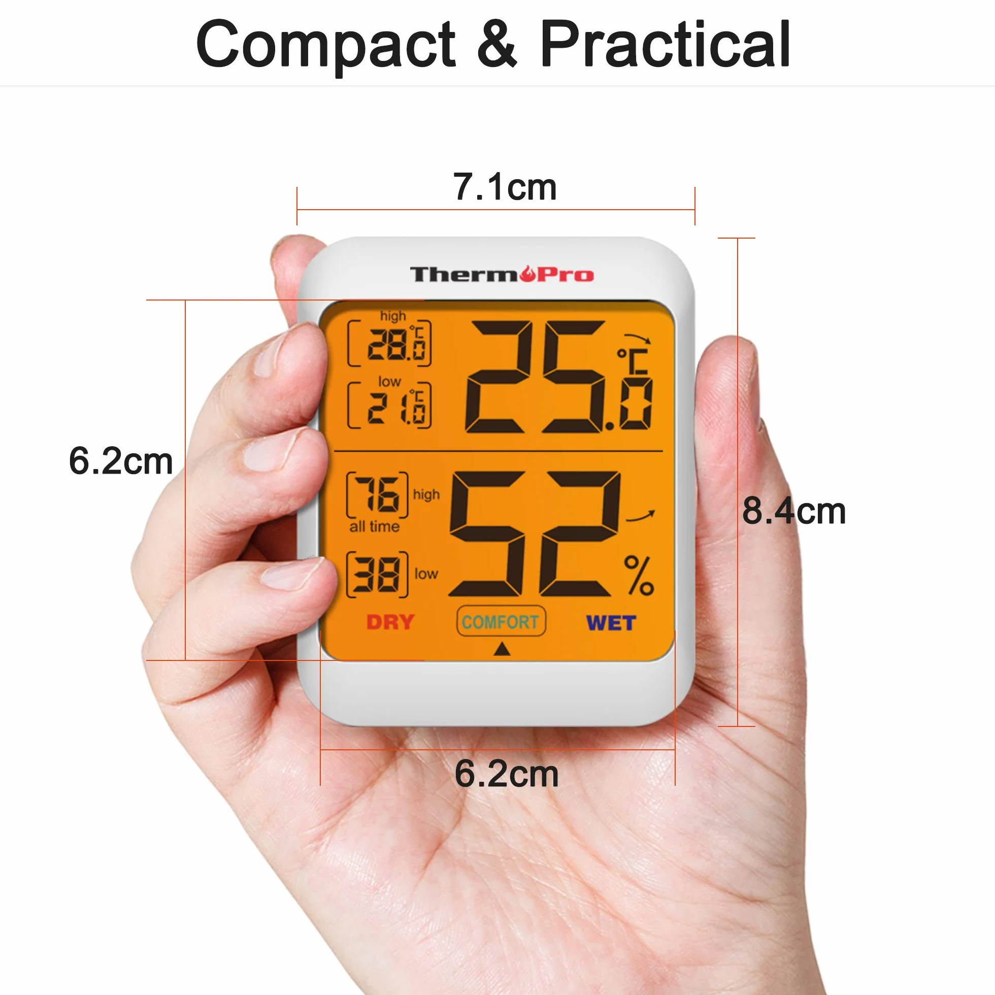 ThermoPro TP53 Zestaw 2 higrometrów, wskaźnik wilgotności w pomieszczeniu, pomiar temperatury i wilgotności, termometr pokojowy z podświetleniem, termometr dla gadów z dużym wyświetlaczem