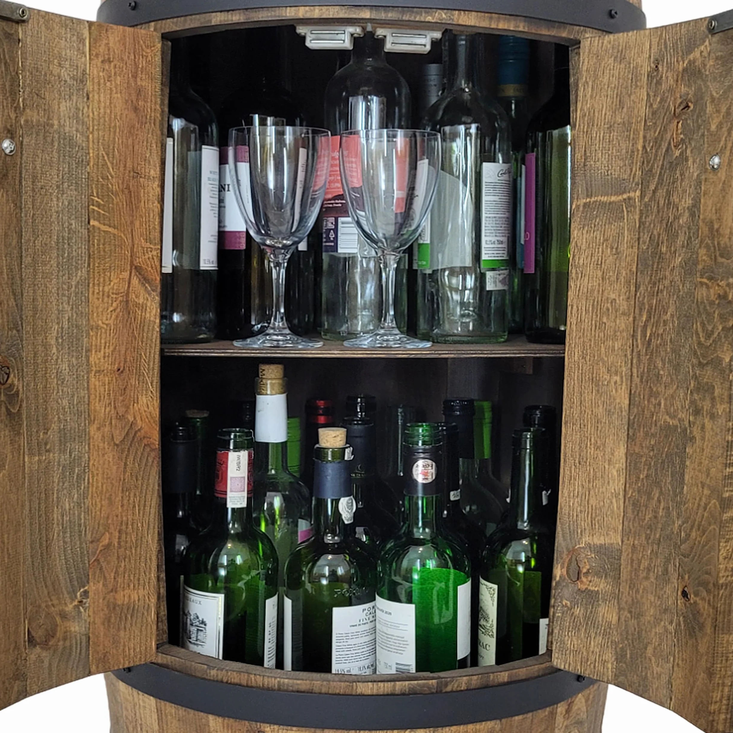 Barek z 2 drzwiczkami, drewniana beczka XL na wino – ręcznie robiony regał na butelki bar vintage, szafka na whisky, piwo, wino, prezent dla mężczyzny