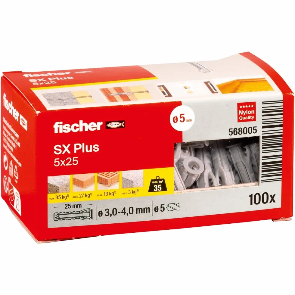 fischer Kołek rozporowy SX Plus 5 x 25, pudełko z 100 kołkami nylonowymi, kołki rozporowe zapewniające optymalną przyczepność w przypadku mocowań w betonie, cegle pełnej, betonie komórkowym, cegle o