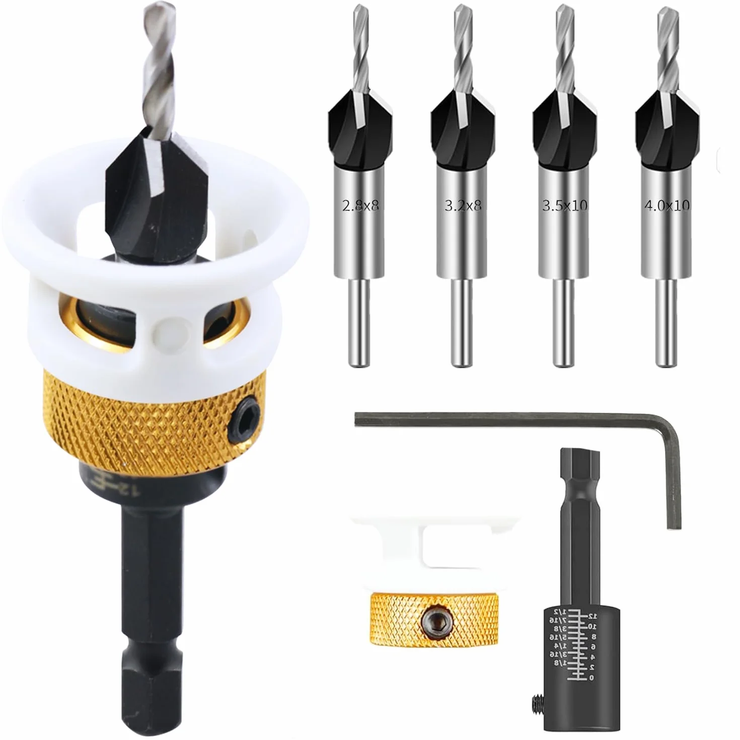 Zestaw Wierteł Stożkowych 6szt, HSS Countersink Drill Bits do Drewna, Profesjonalne Wiertła do Zagłębień z Regulowanym Ogranicznikiem Głębokości z Sześciokątnym Trzonkiem 1/4" do Obróbka Drewna