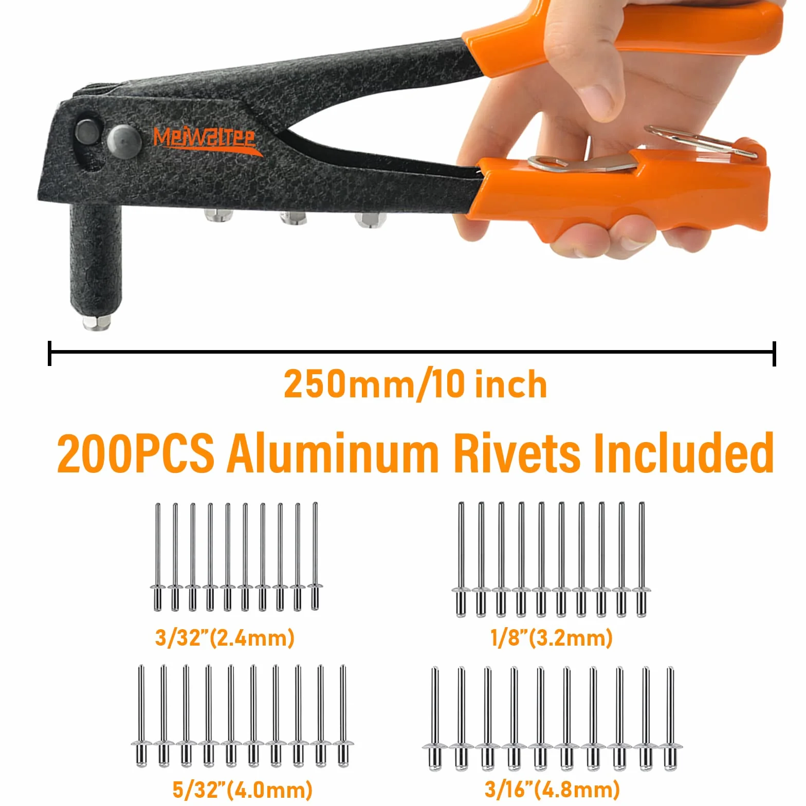 Zestaw szczypiec nitowniczych 4 w 1, 200 nitów w 4 rozmiarach 2,4 mm - 3,2 mm, 4,0 mm, 4,8 mm, trwałe i odpowiednie do prac metalowych, motoryzacyjnych i innych popularnych projektów DIY
