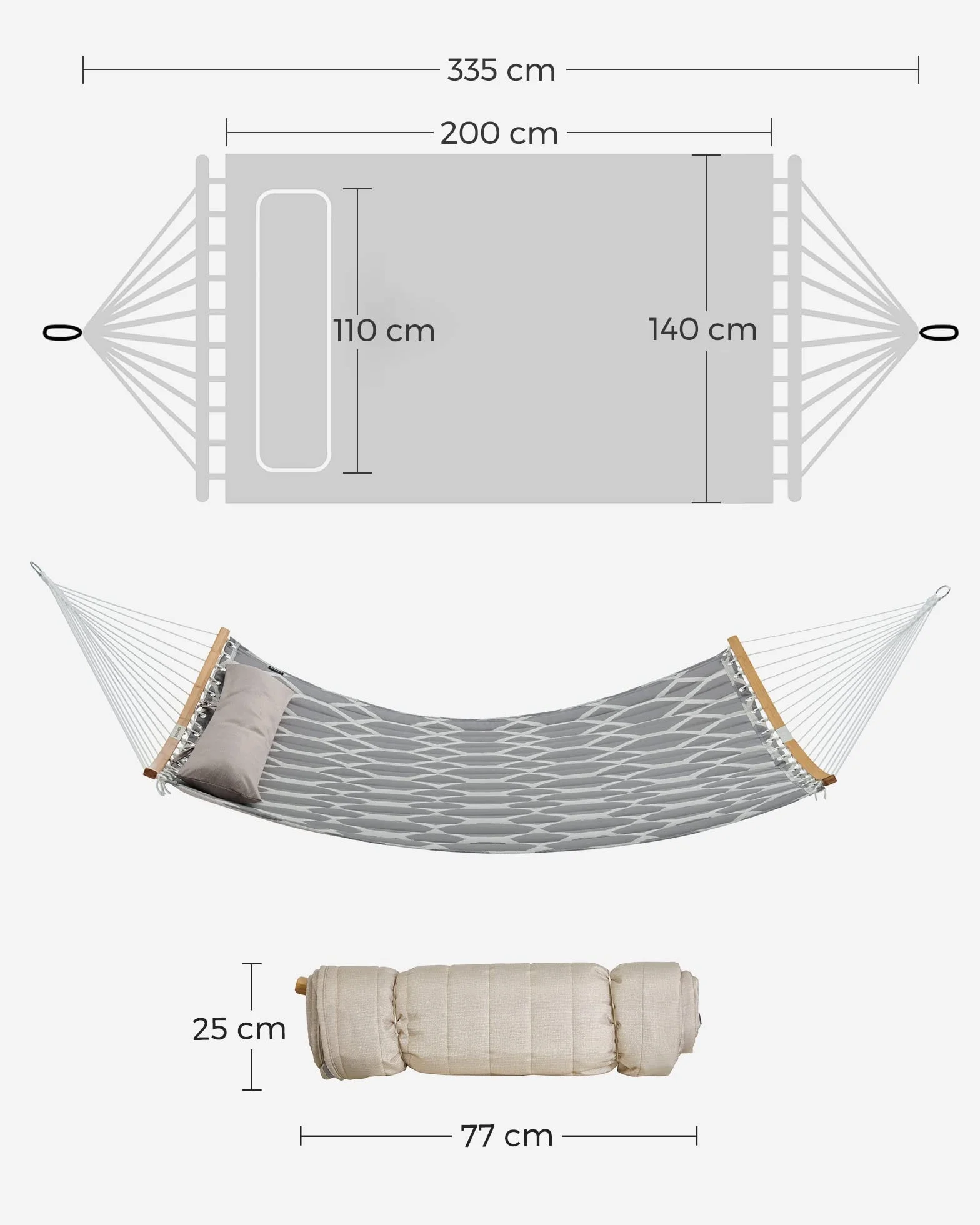 SONGMICS Hamak, hamak z tkaniny pikowanej z odpinanymi zakrzywionymi rozrzutnikami bambusowymi, poduszka 200 x 140 cm, nośność 225 kg, szary i beżowy romb GDC034G02