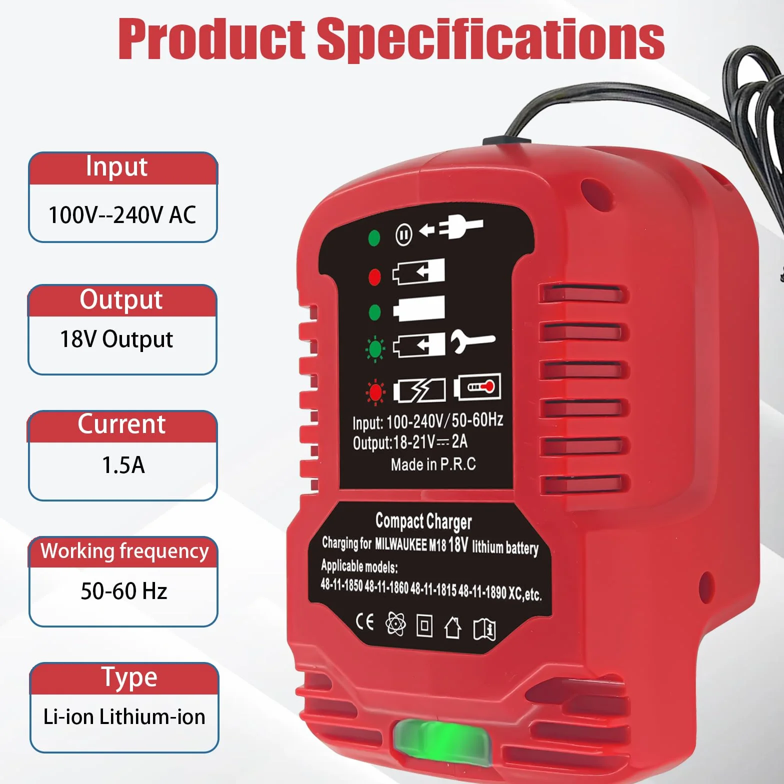 TPDL Mini ładowarka do akumulatora Milwaukee 18 V M18, M18, zapasowa ładowarka kompatybilna z Milwaukee 18V 48-11-1850 48-11-2401 48-11-1890 (z wyświetlaczem LED)