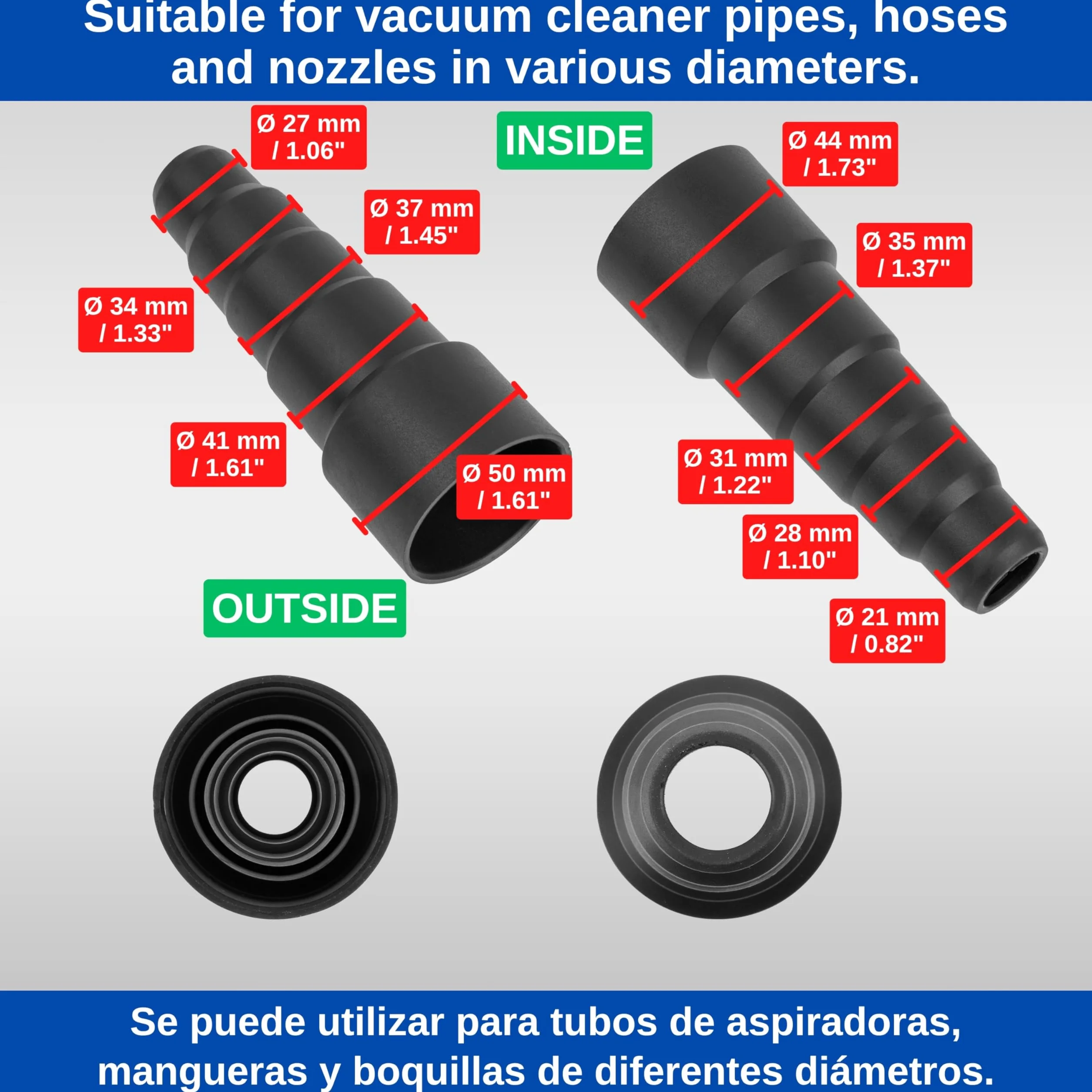 Uniwersalny adapter do odkurzaczy, 2 sztuki, kolor czarny, kompatybilny z Bosch, Makita, Kärcher i innymi, 5-stopniowy z średnicą zewnętrzną 50-27 mm, średnicą wewnętrzną 44-21 mm, reduktor adaptera