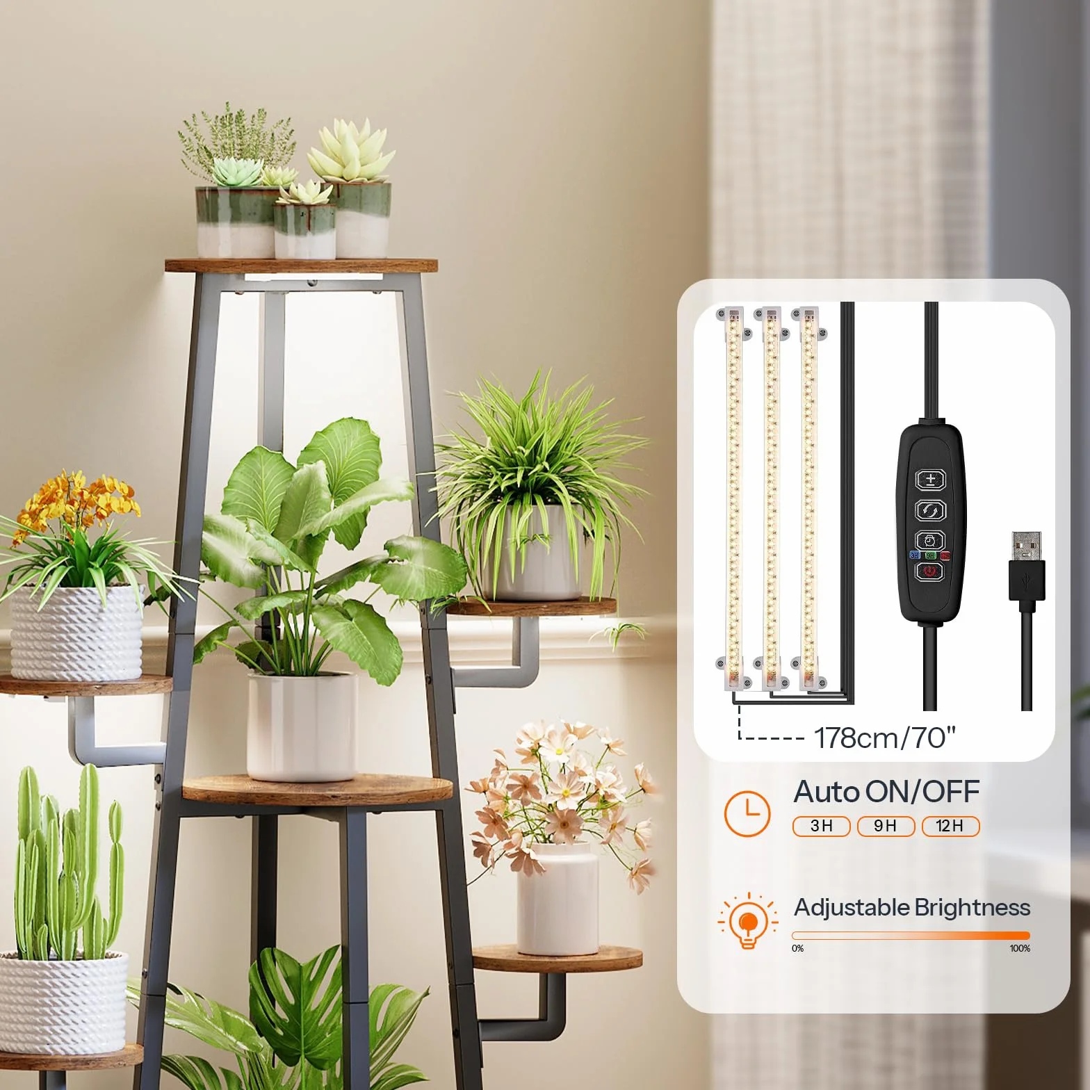 HOOBRO Wewnętrzna półka na rośliny z 3-głowicową lampą, otwartym stojakiem na kwiaty, 9 poziomów jasności i 5 trybów oświetlenia, salon, balkon, rustykalny brązowy i czarny EBF04DHJ01