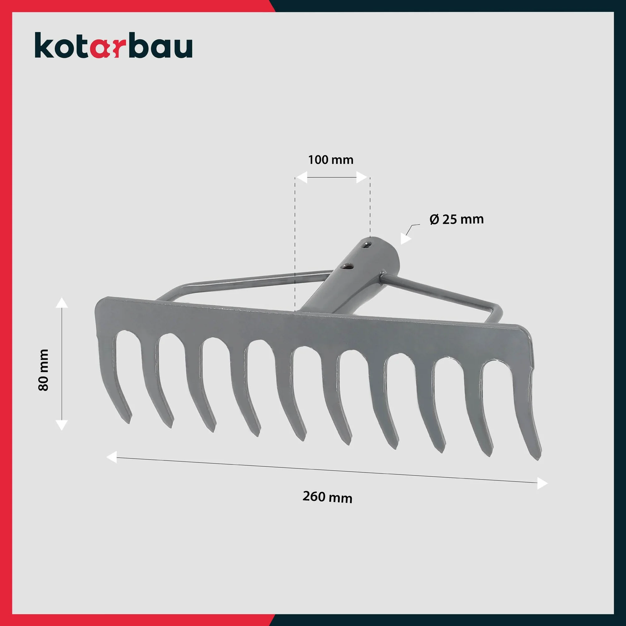 KOTARBAU® Grabie Metalowe - 26 cm - Grabie do Liści Trawy - 10 Zębów - Ogrodowe - Szare