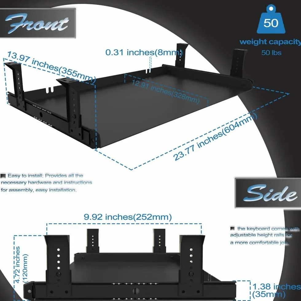 FRMSAET Klawiatura podbiurkowa wytrzymała całkowicie metalowa materiał 53/60/76 cm platforma organizer do szuflad komputerowych biuro sypialnia garaż narzędzie do przechowywania (60 cm, Czarna)