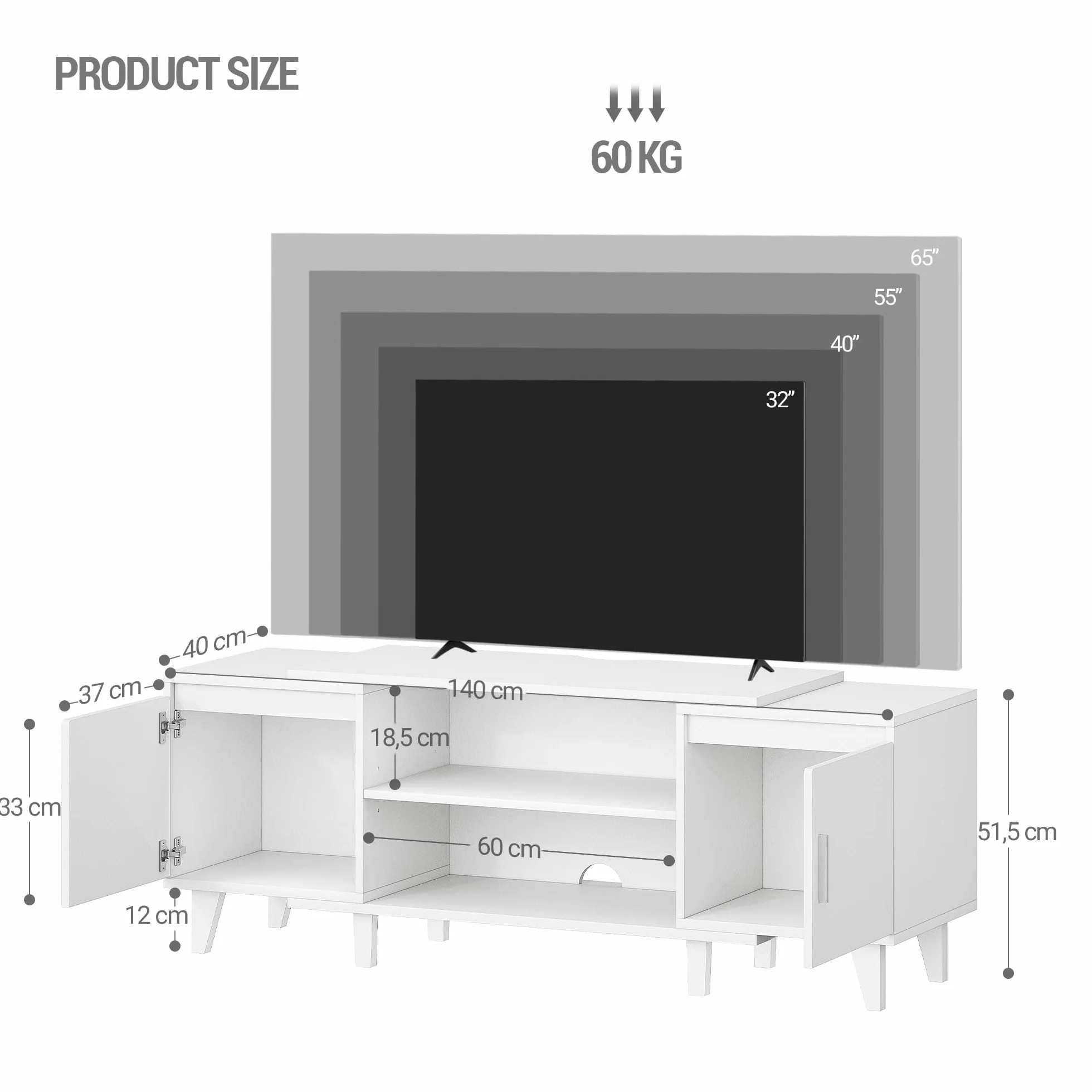 Hzuaneri Stolik pod telewizor, stolik pod telewizor, odpowiedni do telewizorów poniżej 44,5 cm Stolik pod telewizor z 2 szafkami i 2 otwartymi przestrzeniami, 40 x 140 x 51,5 cm, Biały