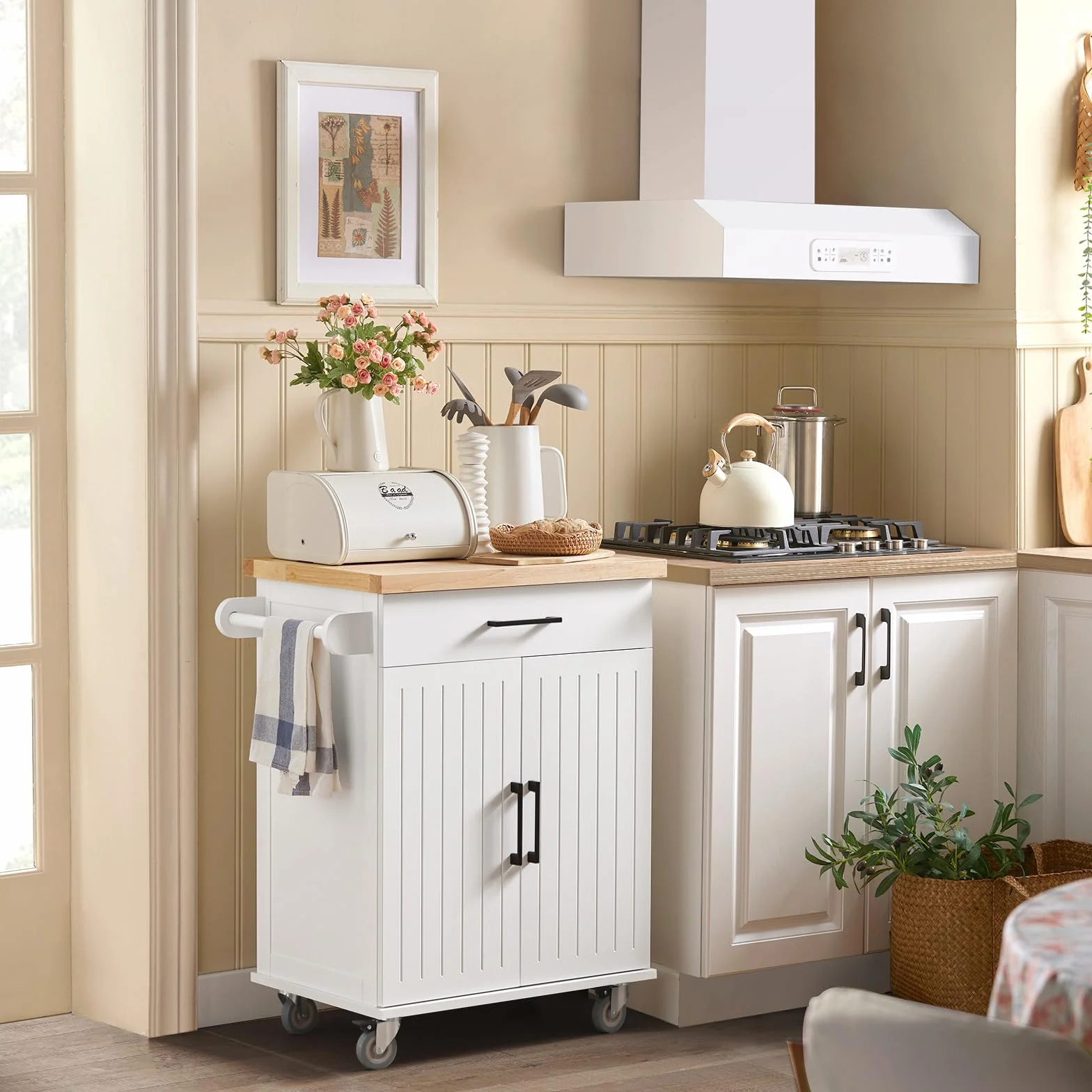 SoBuy Kitchen Island FKW119-WN Wózek kuchenny z drewna kauczukowego na kółkach, wolnostojący, do baru, szafki kuchennej, idealny do kuchni, jadalni lub restauracji, 74 x 91 x 46 cm