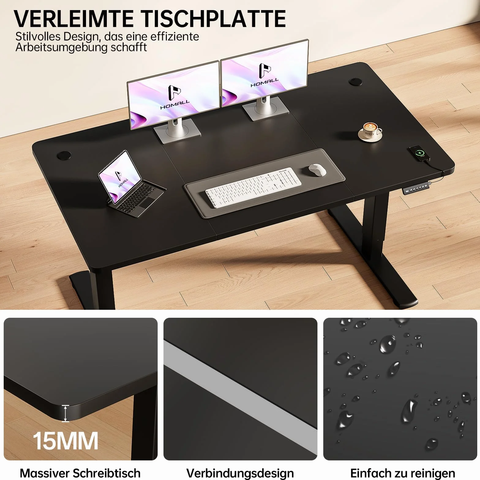 Homall Elektryczne Biurko Siedzące 100 x 60 cm, Stół z Regulacją Wysokości z Gniazdem USB, System Antykolizyjny, Sterowanie Pamięciowe, czarny