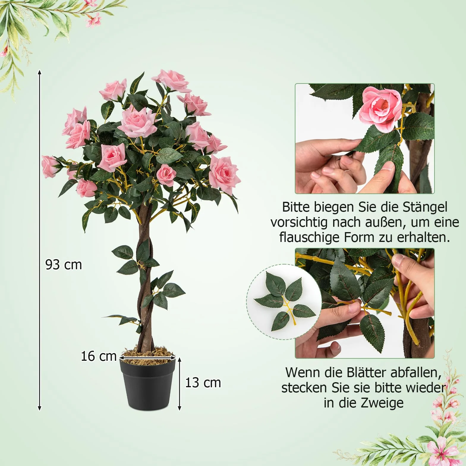 COSTWAY 93 cm sztuczne drzewo z kwiatami, sztuczne drzewo kwiatowe, sztuczna roślina w doniczce, drzewo różane z 21 różami sosnowymi i naturalnym pniem, sztuczny kwiat do domu, biura, roślina pokojowa
