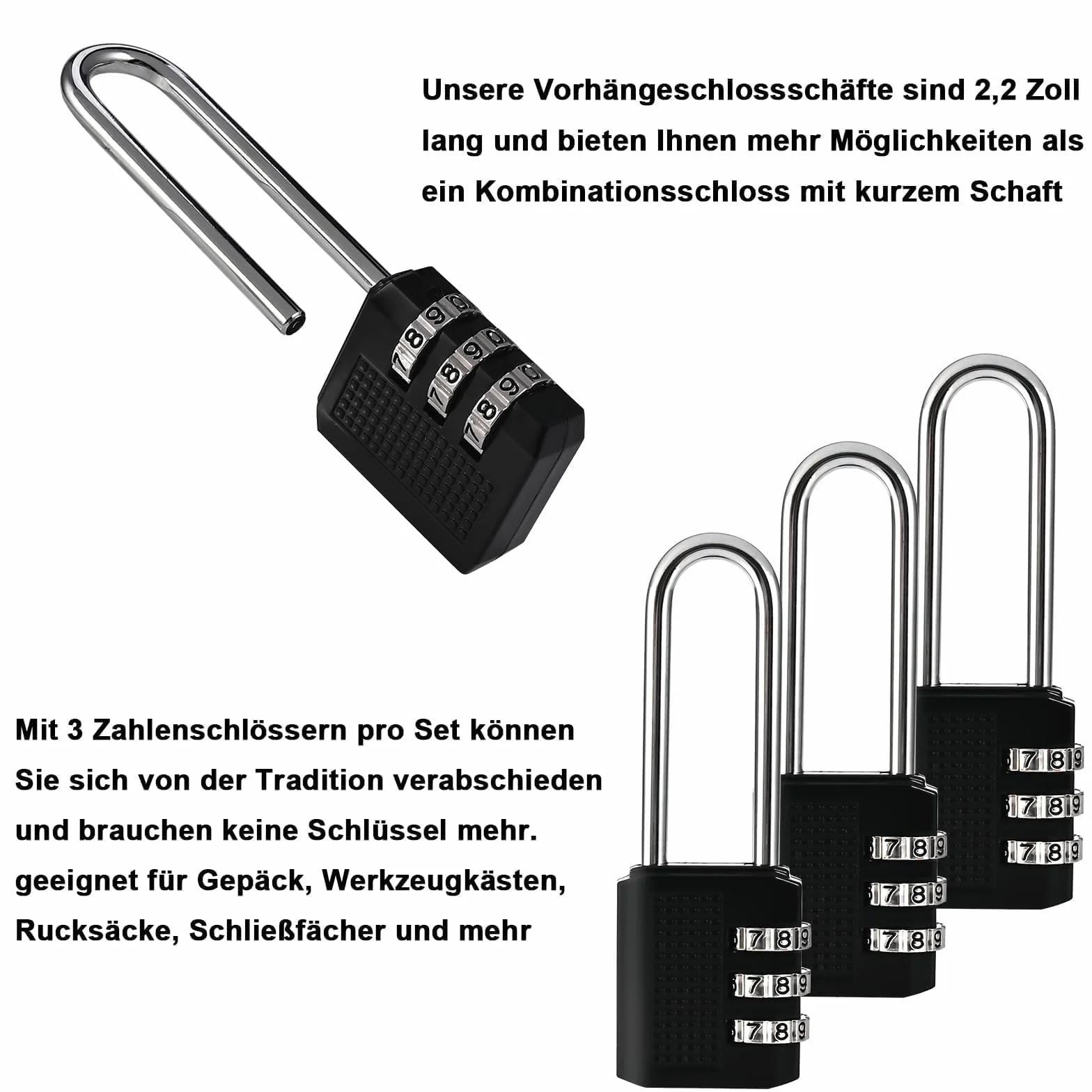 Cieex 3 sztuki kłódki szyfrowe, 3-cyfrowe, mała kłódka z długim pałąkiem, kod liczbowy, odporna na warunki atmosferyczne, zamek z kodem numerycznym, do walizki, szafki, garażu, siłowni, ogrodu, szopy