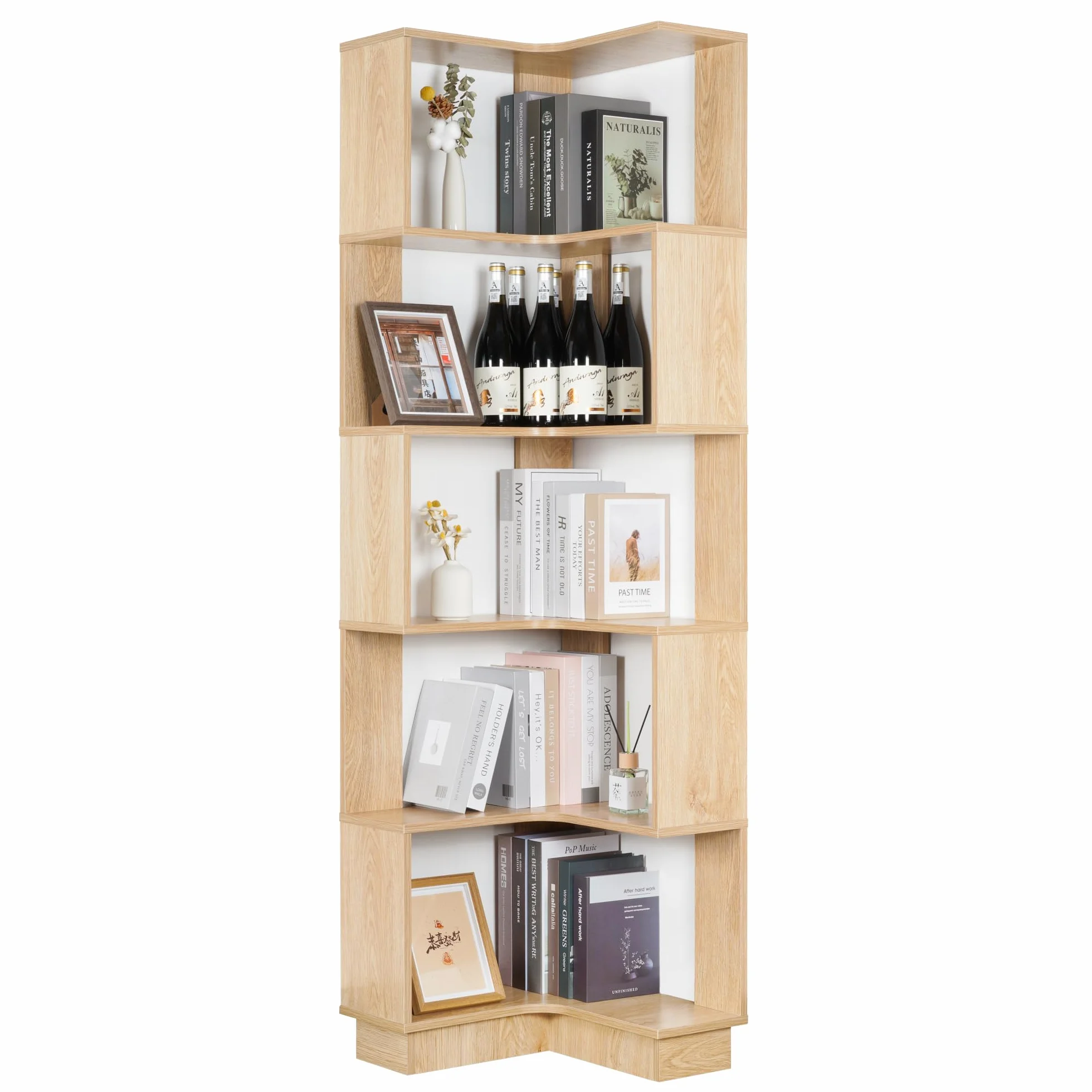 6-poziomowy regał narożny z drewna, duży regał na książki, nowoczesny do salonu, gabinetu, sypialni, biura, wys. 175 cm (oryginalny kolor)