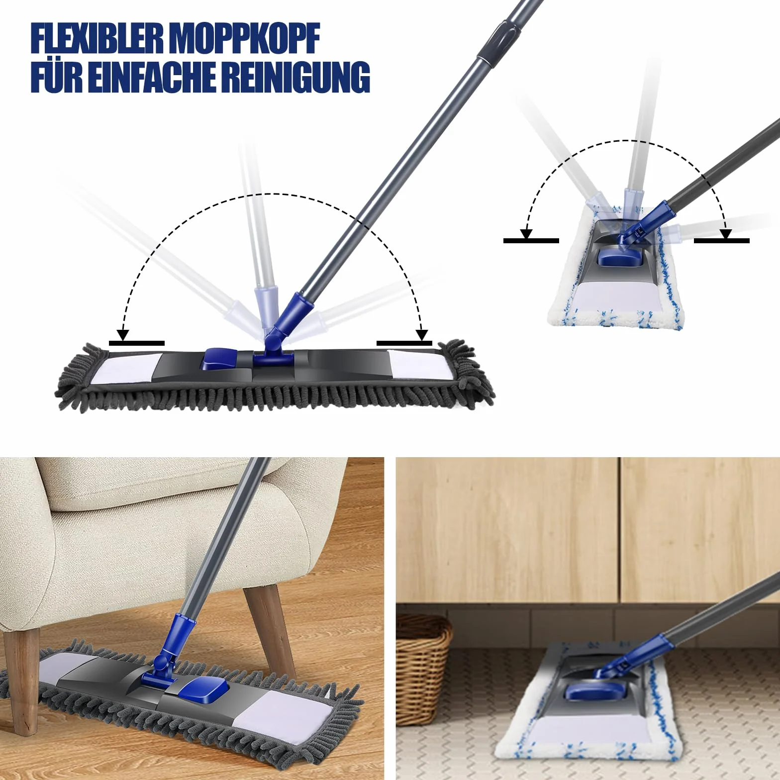 Myiosus Mop podłogowy, mop, obrót o 360°, z uchwytem teleskopowym 128 cm, płaski mop z 4 podkładkami, mop z mikrofibry do twardego drewna, laminatu, płytek, szybkie usuwanie