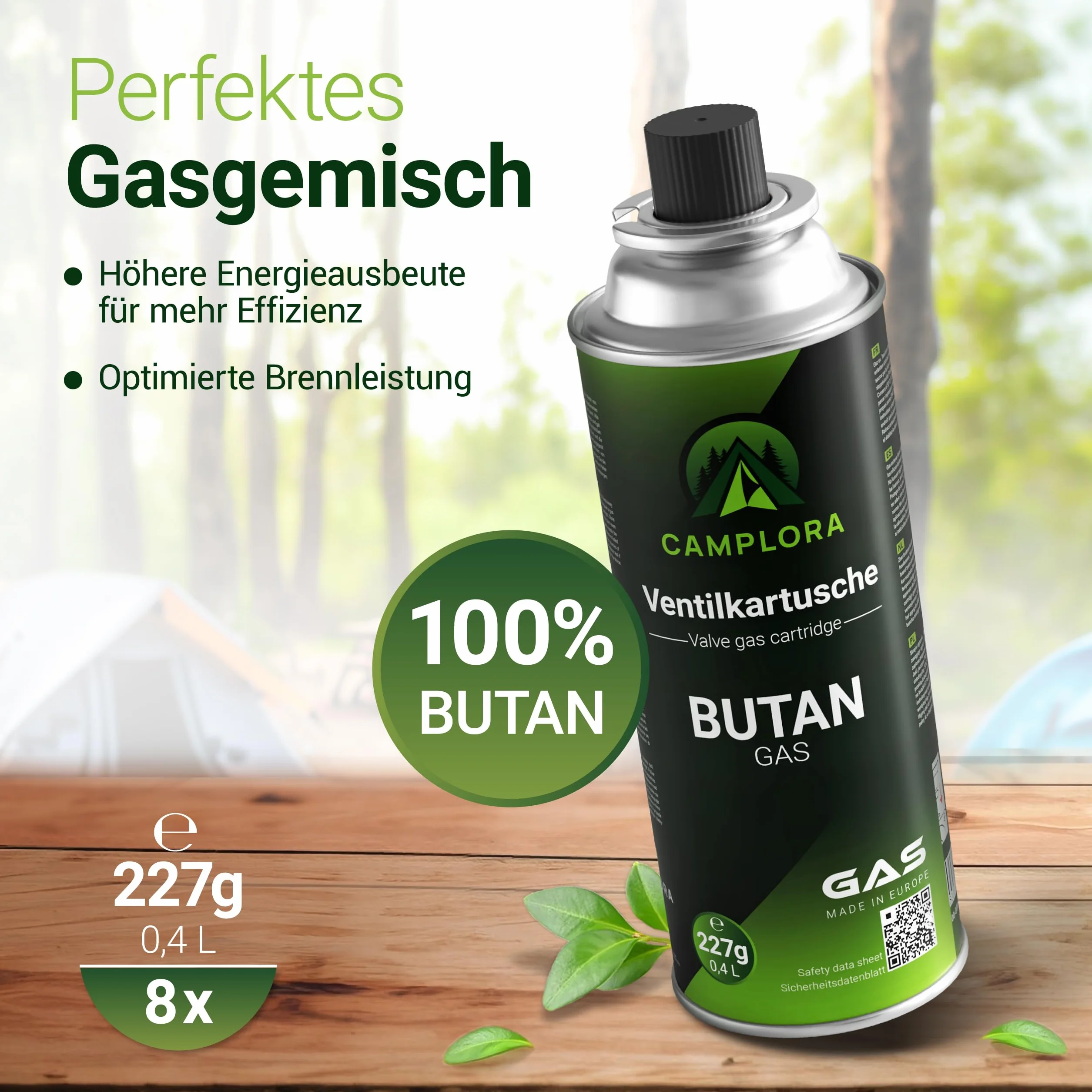 CAMPLORA 8 x 227 g butanu kartuszy gazowych z zaworem MSF-1a do grilla, kuchenki kempingowej, kuchenki gazowej, gazu kempingowego, kartuszy gazowych 227 g, butla gazowa z butanem
