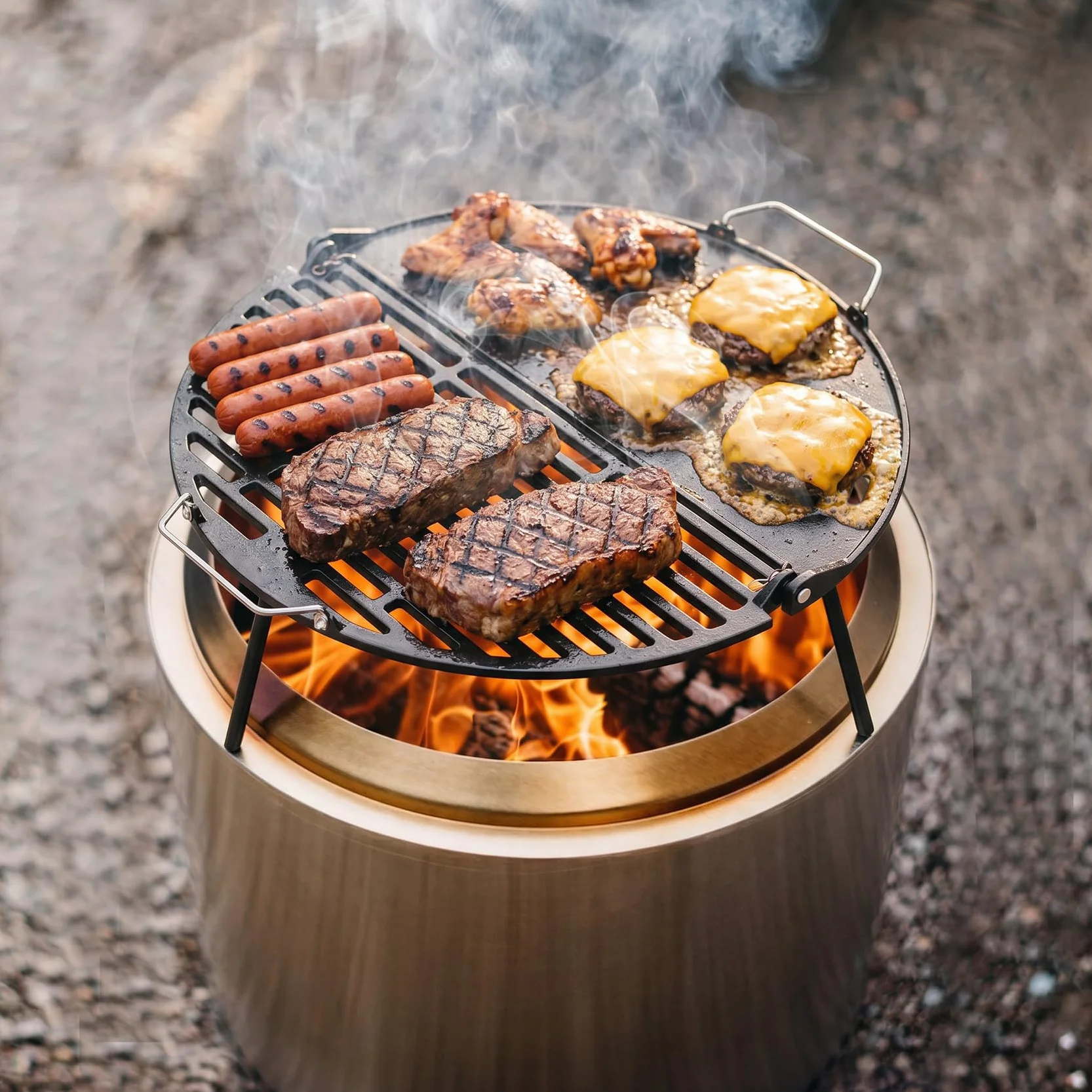 Onlyfire Żeliwna płyta grillowa Solo, bezdymny Bonfire, 49,5 cm, składany grill i płyta grillowa 2 w 1 z kubkiem tłuszczu do grilla na podwórku i na świeżym powietrzu