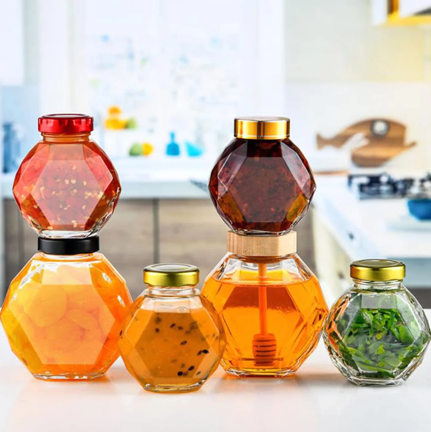 Szklany dozownik miodu 200 ml z drewnianą łyżką i korkiem