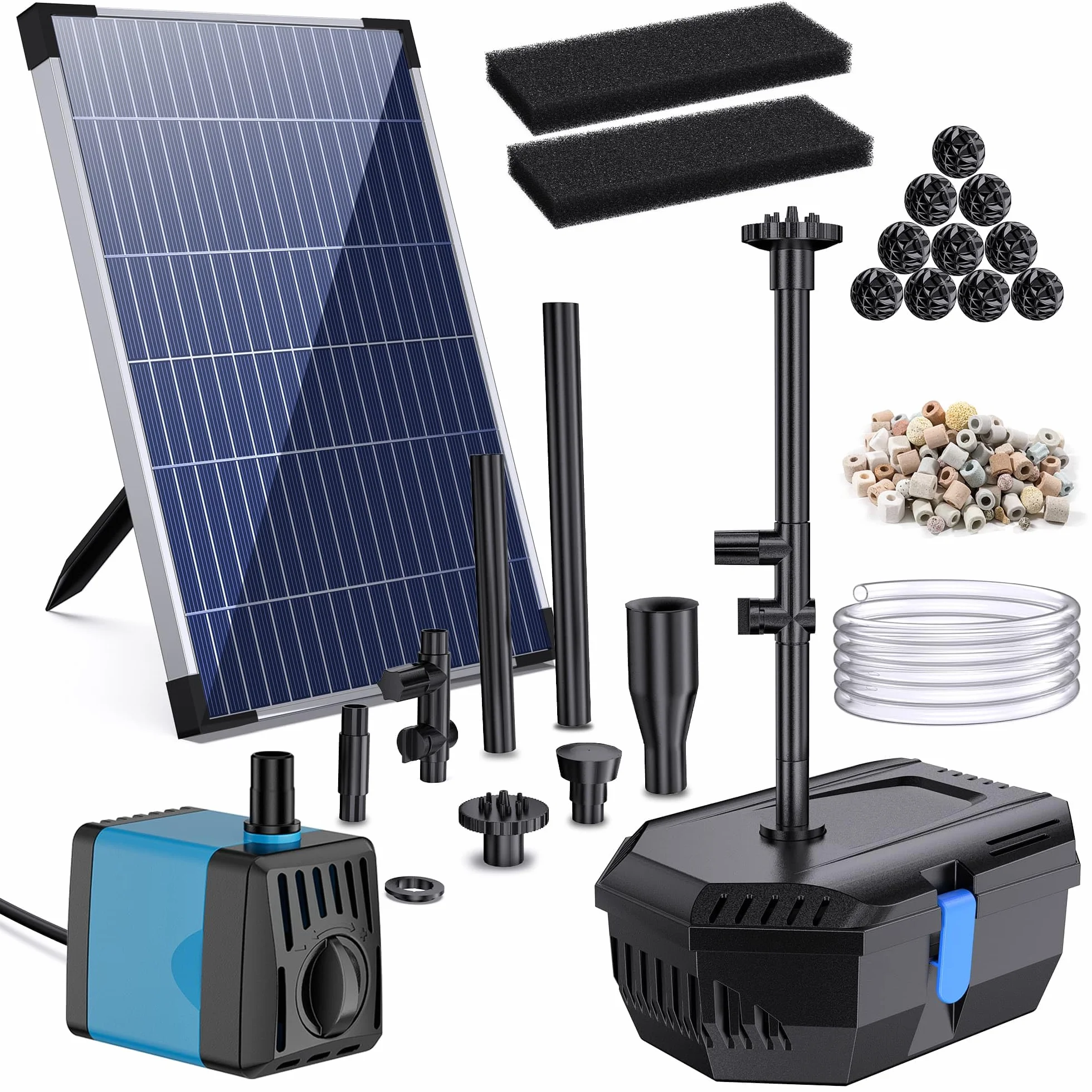 Biling Solarny filtr do stawu 12 W z 4 dyszami – pompa solarna do oczka wodnego z bio-filtrem do stawów do 800 l – bezprzewodowa fontanna solarna do użytku na zewnątrz, do ogrodu, na balkon, mały staw