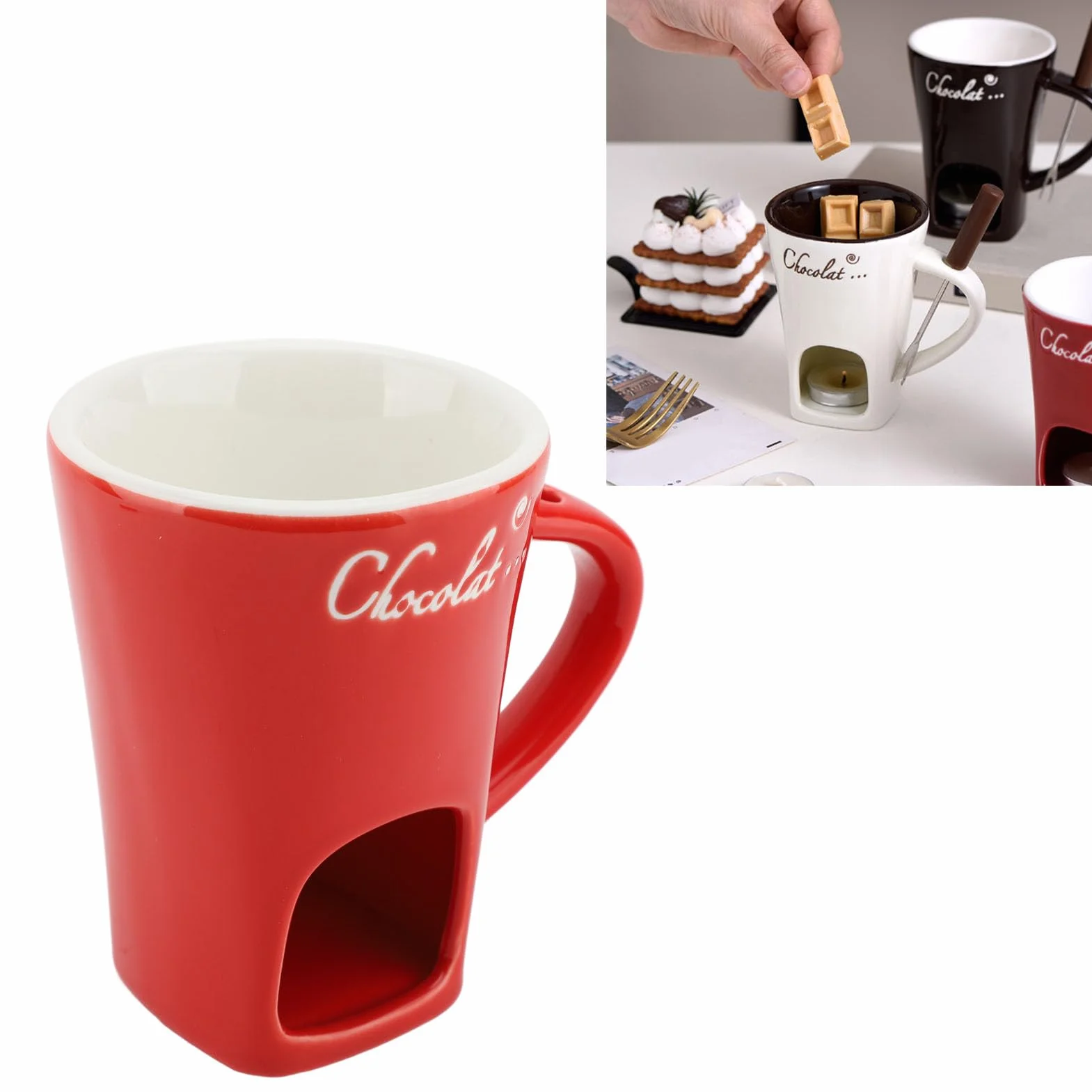 Ceramiczny Kubek do Topienia Czekolady Fondue z Widelcem, Czerwony