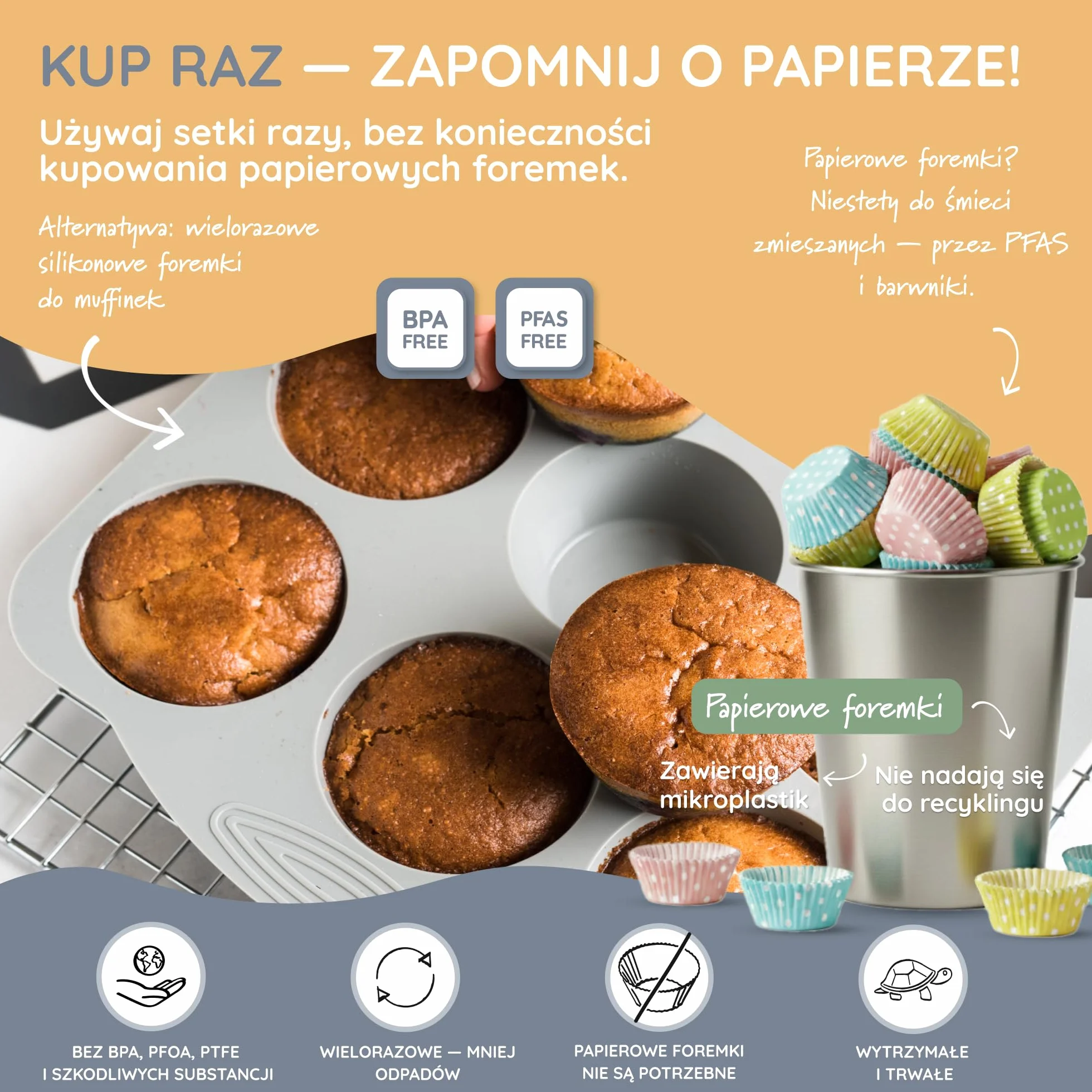Backefix forma do muffinek 12 szt. z platynowego silikonu, nieprzywierająca, do zmywarki, bez BPA
