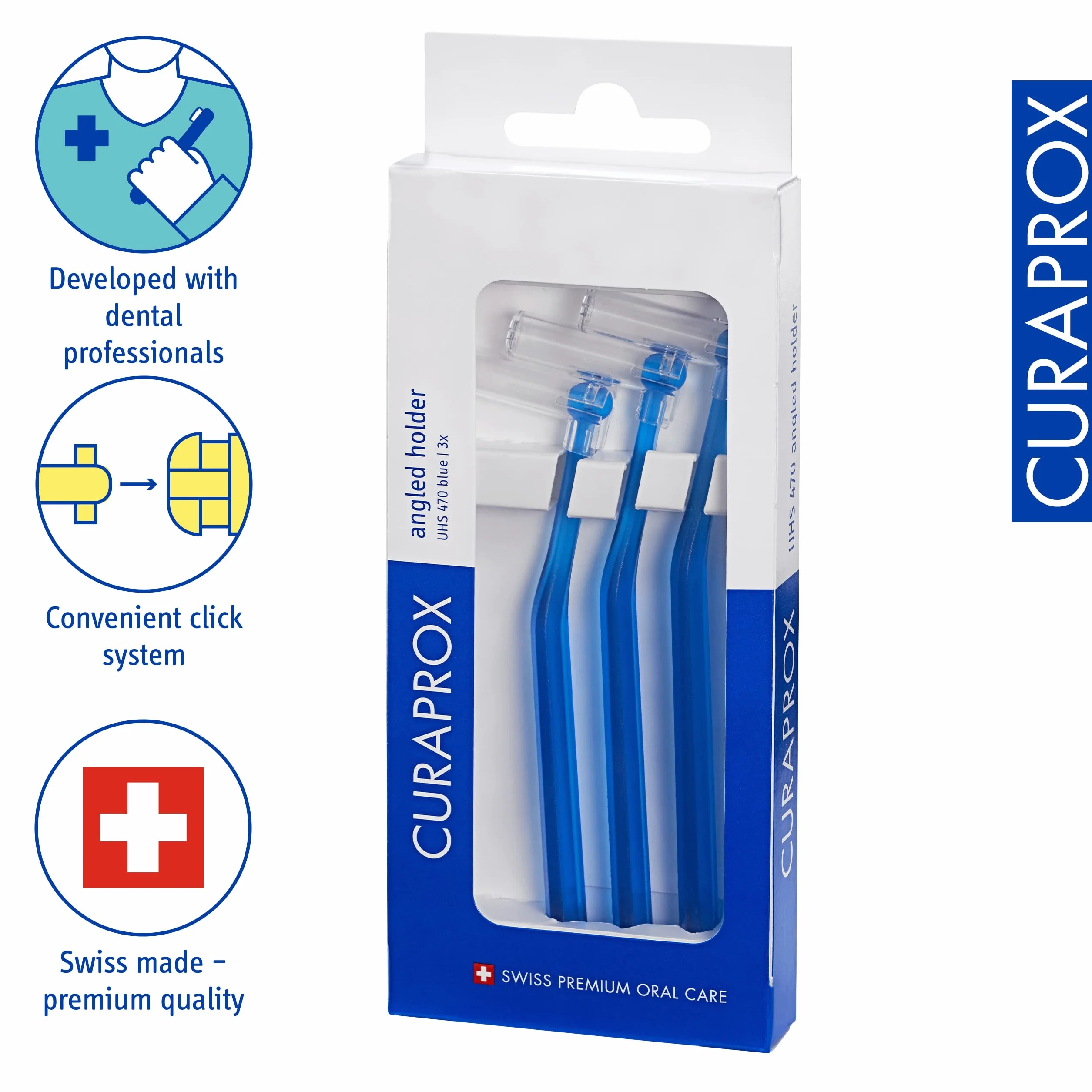Curaprox Interdental Brush Holder UHS 470 – Angled Niebieski uchwyty z uniwersalnym Click-System na łatwy dostęp | Trio Pack (3 sztuk) / Made in Switzerland