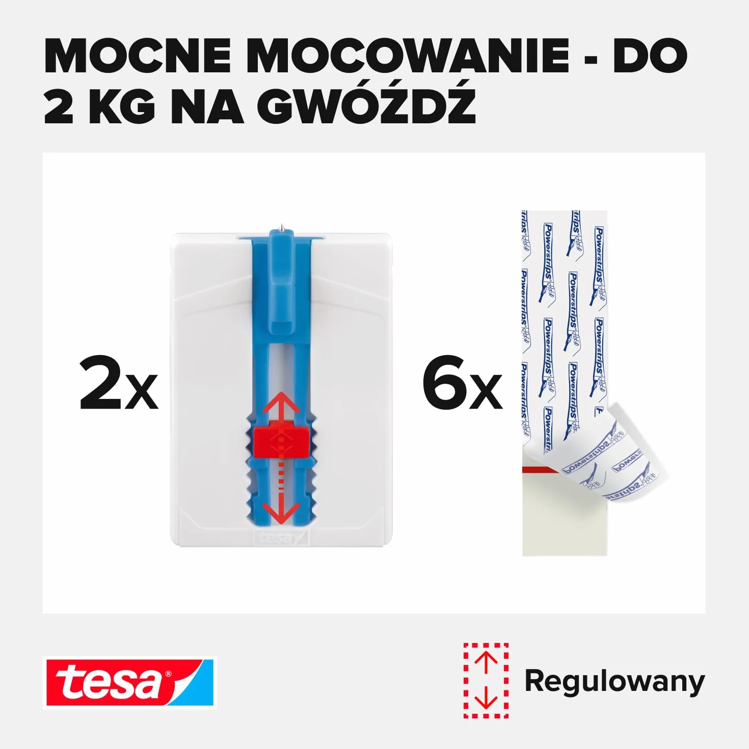 Tesa gwóźdź samoprzylepny do tapet i tynku, z regulacją wysokości, idealny do płócien i blejtramów, wytrzymuje do 2 kg, demontaż bez pozostawiania śladów