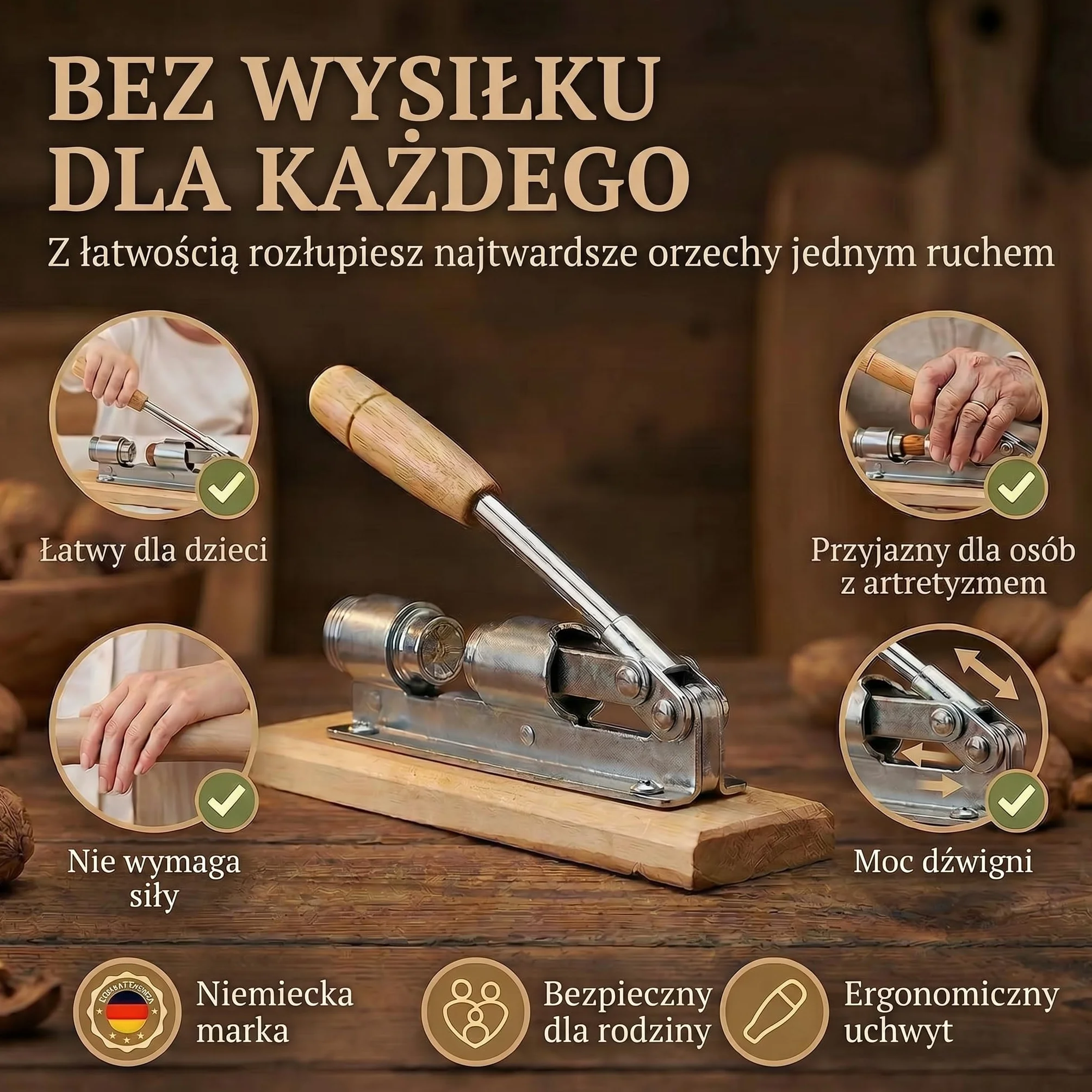 Dziadek do orzechów Retro w nostalgicznym wzornictwie Dziadek do orzechów ze stali nierdzewnej z funkcją dźwigni; regulacja wielkości i oszczędność energii przy otwieraniu orzechów