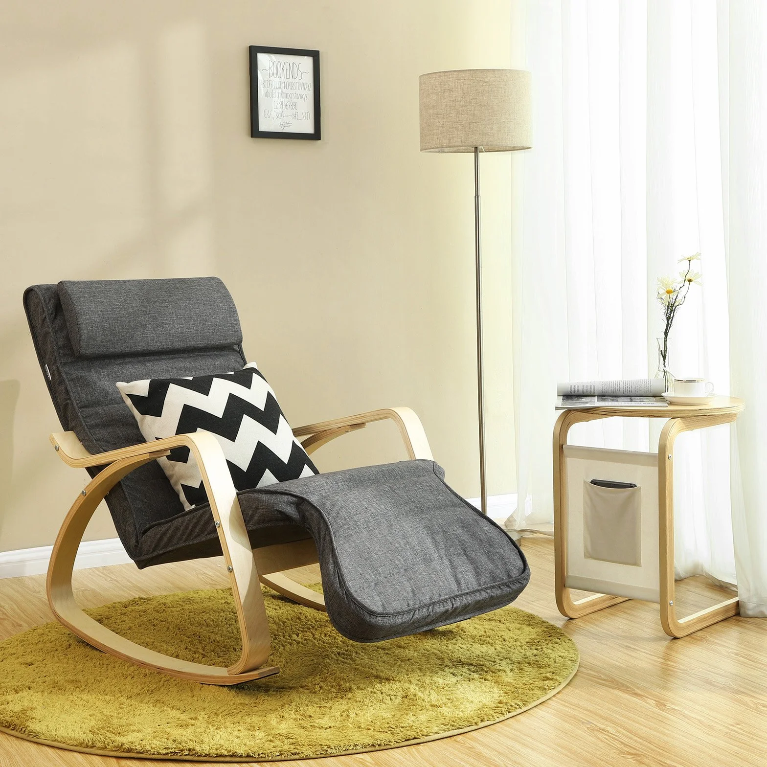 SONGMICS LYY42GYZ Fotel bujany, z 5-stopniową regulacją podnóżka, fotel relaksacyjny, obciążenie 150 kg, stelaż z drewna brzozowego, obicie z imitacji lnu, ciemnoszary