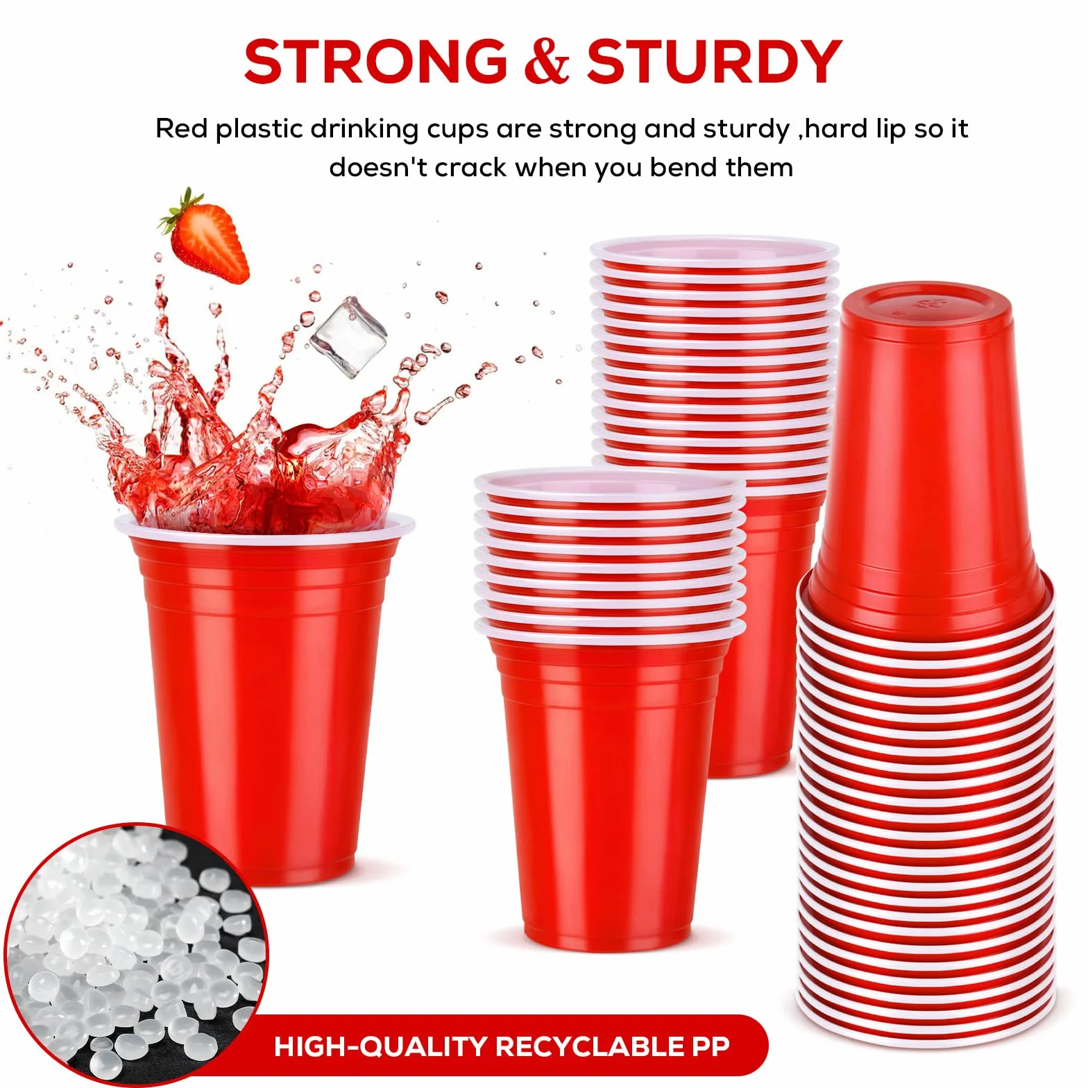 NUZEKY Zestaw 100 czerwonych kubków plastikowych 350 ml wielokrotnego użytku