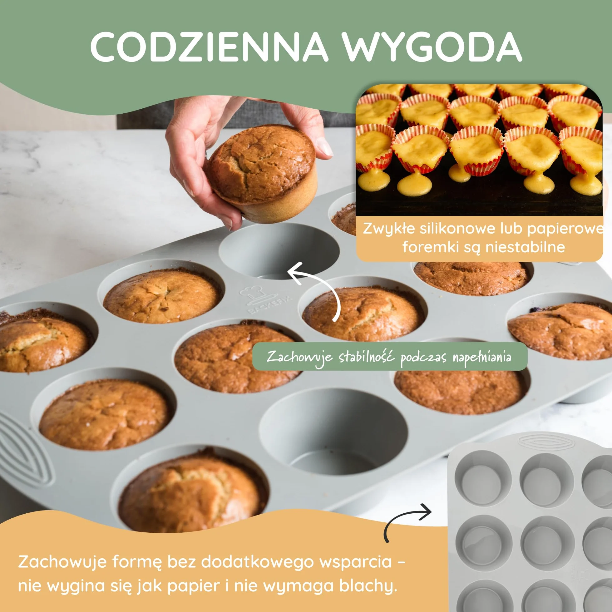 Backefix forma do muffinek 12 szt. z platynowego silikonu, nieprzywierająca, do zmywarki, bez BPA