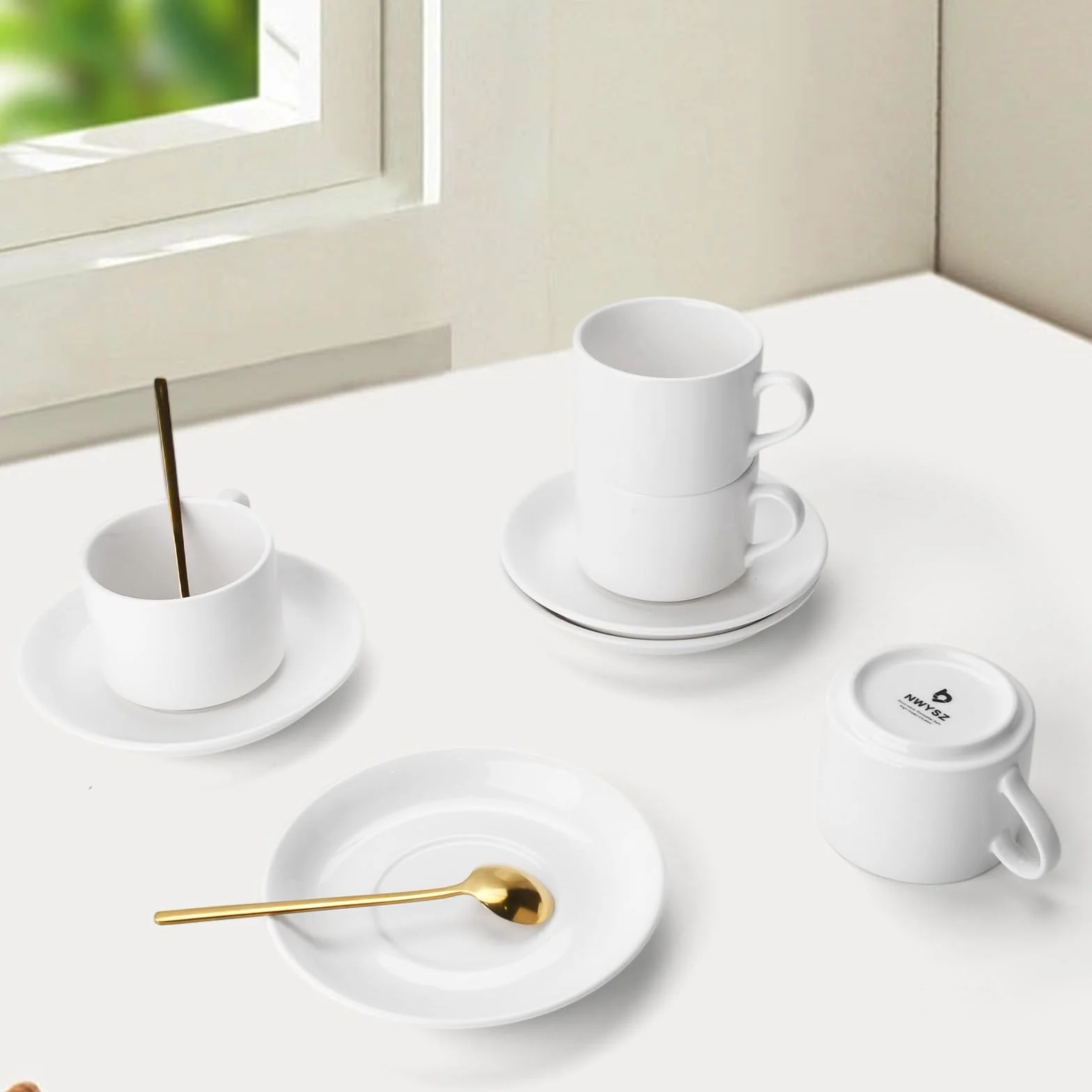 Filiżanki do espresso, zestaw 4 sztuk, 4 x 5oz(160ml), ze spodkiem i podstawką, filiżanki do kawy Espresso Americano, cappuccino, latte i herbaty (z 4 łyżeczkami do kawy)