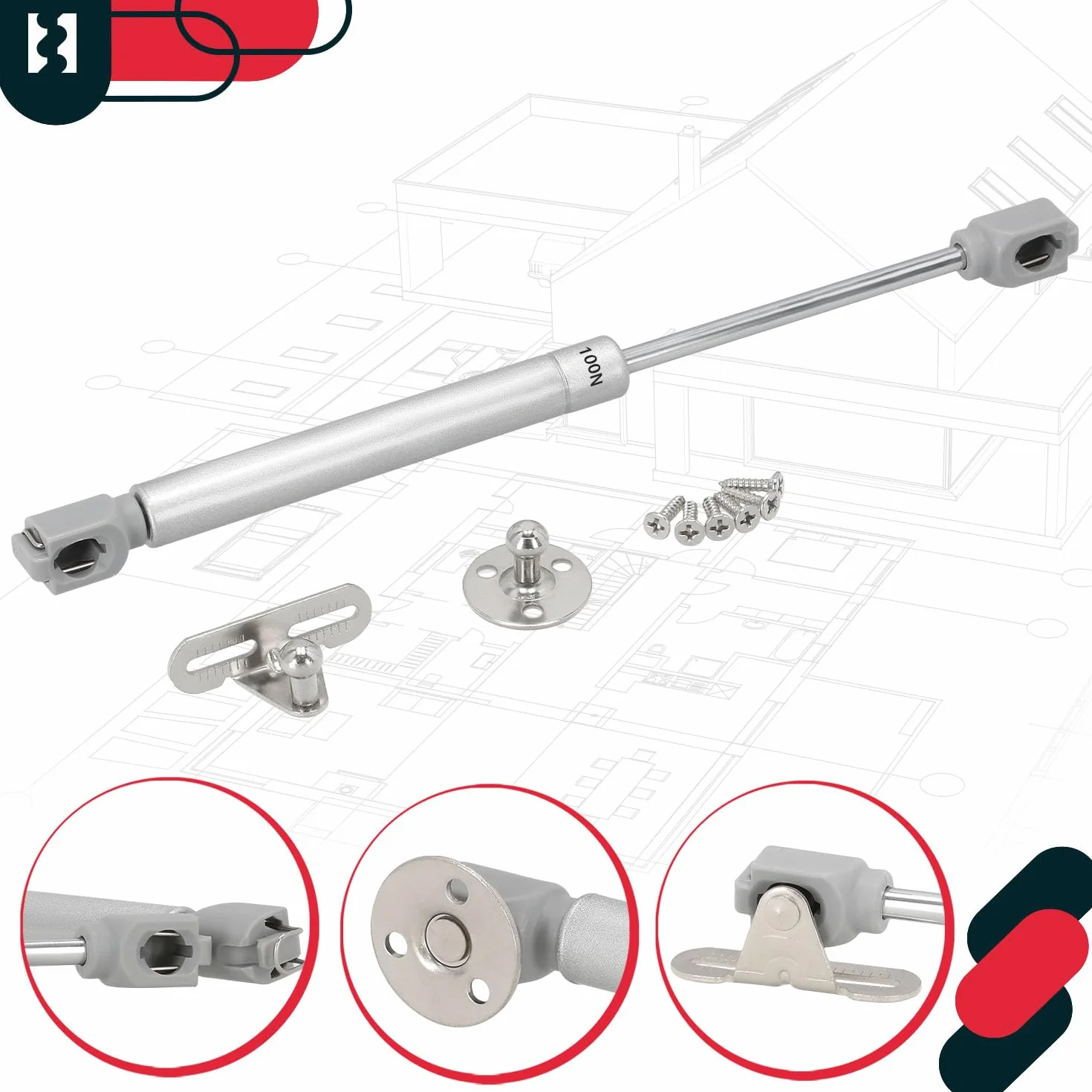 KOTARBAU® Zestaw 2 łączników klapy, sprężyna gazowa 100 N, amortyzatory mebli, sprężyna gazowa do szafki kuchennej, tłumik drzwi szafki, tłumik drzwi, tłumik drzwiowy, srebrny gazowy amortyzator