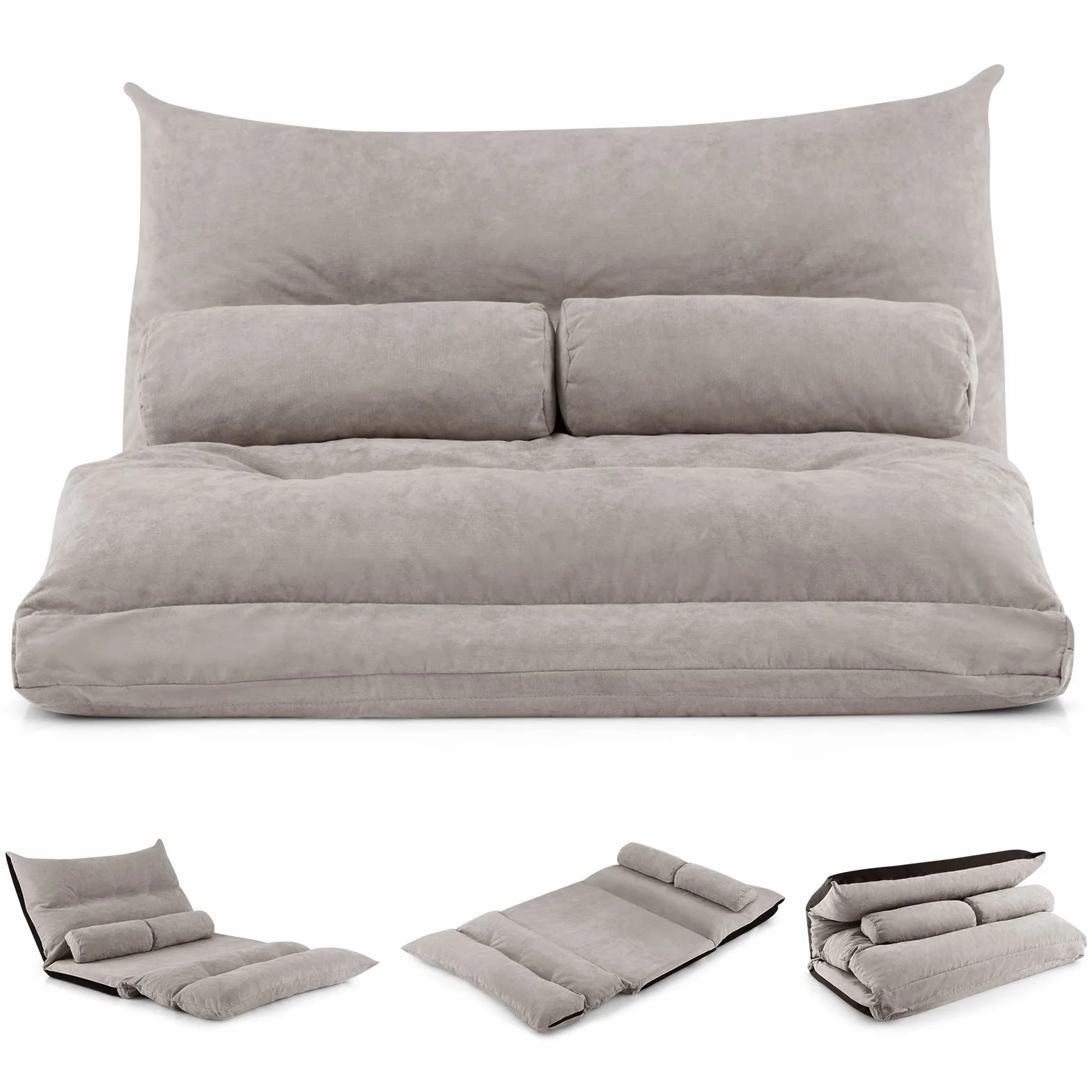 COSTWAY Składana sofa podłogowa 3 w 1 z funkcją spania i regulowanym oparciem, sofa z 2 poduszkami lędźwiowymi, składana sofa, fotel do spania do salonu i sypialni, kolor szary, TG32341SDDE