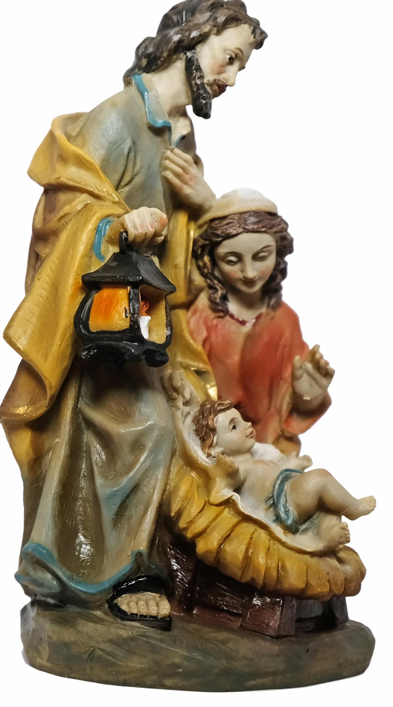 Szopka bożonarodzeniowa Święta Rodzina, styl barokowy, ręcznie malowana figurka, wysokość 14 cm, sztuczny kamień z żywicy poliestrowej, wielokolorowa szopka