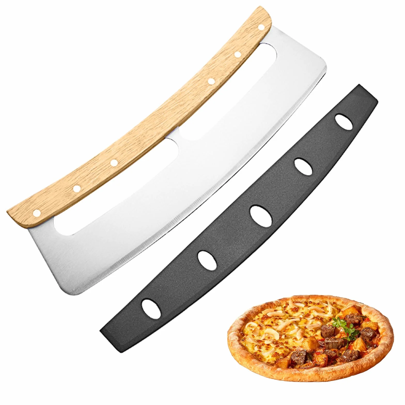 Nóż do pizzy ze stali nierdzewnej 32 cm, duży nóż kołyskowy z drewnianą rączką