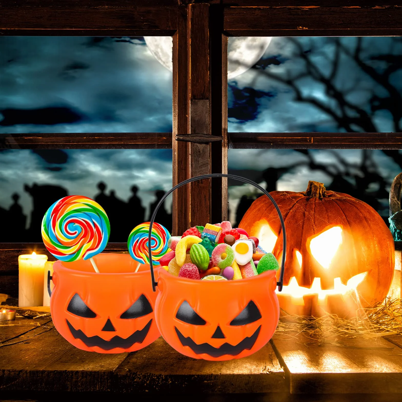 10 sztuk wiaderek na Halloween na słodycze z uchwytem, kociołek na słodycze lub słodycze, dla dzieci, na imprezę halloweenową, akcesoria