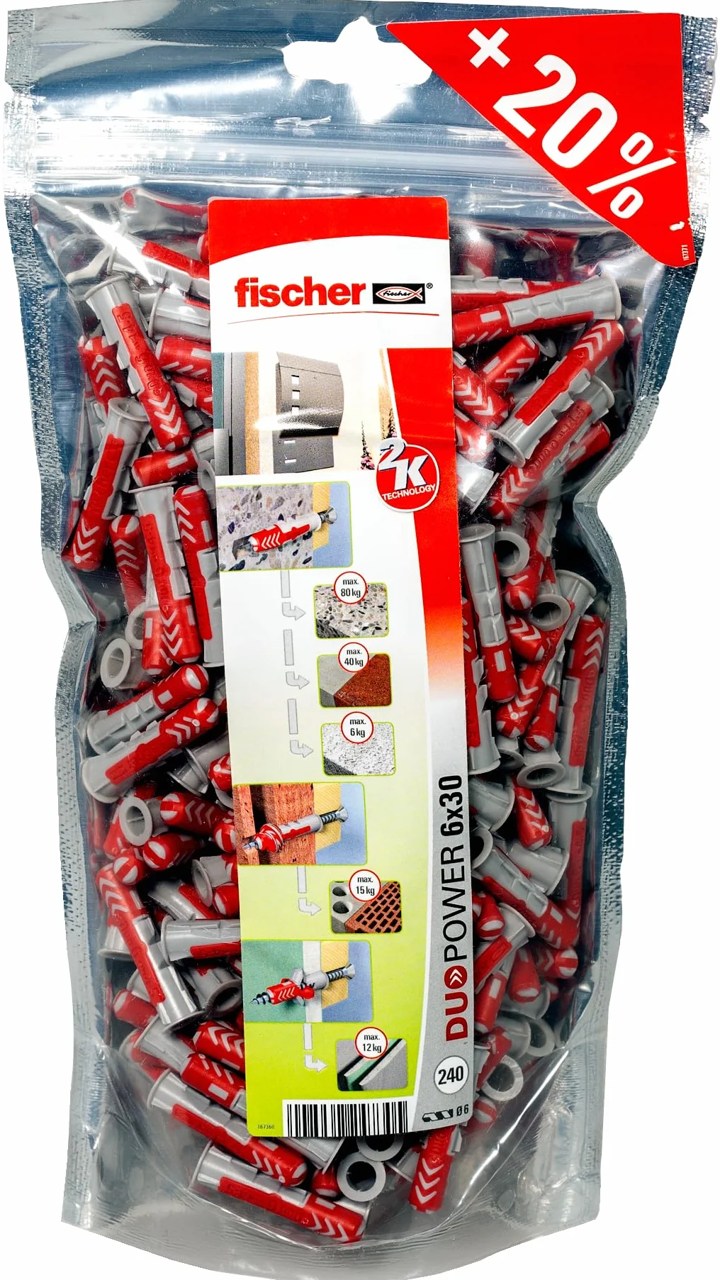 fischer DuoPower Big Pack, 240 uniwersalnych kołków, wydajne 2-komponentowe kołki, kołki z tworzywa sztucznego do mocowania w betonie, cegle, kamieniu, płytach gipsowych itp