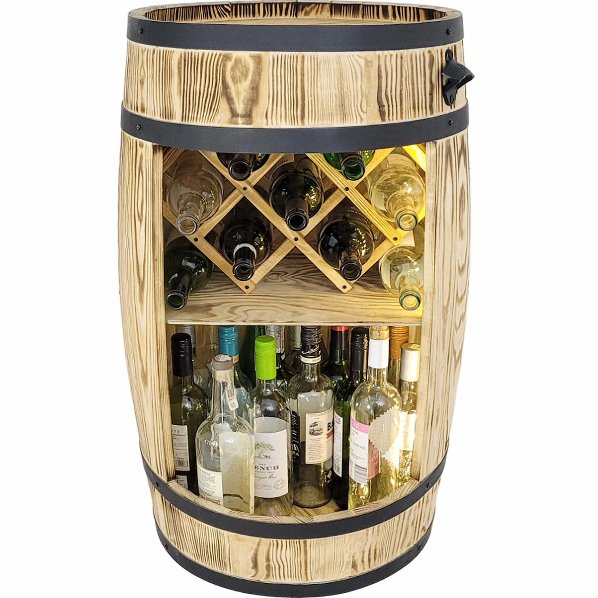 weeco Drewniany regał na wino z lampkami LED i uchwytem na wino – drewniana beczka na szklanki i butelki – beczka – szafka na wino – zestaw upominkowy – stojak na wino 80 x 50 cm