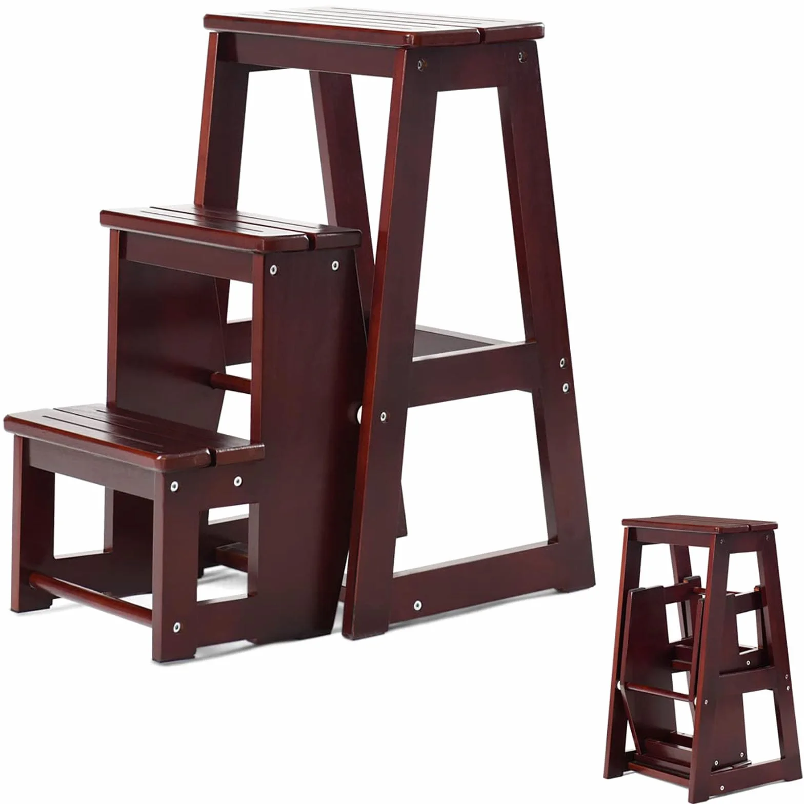 COSTWAY Drewniany stołek drabina wielofunkcyjny składany stołek 3-stopniowy 57 x 38 x 65 cm (ciemnobrązowy)