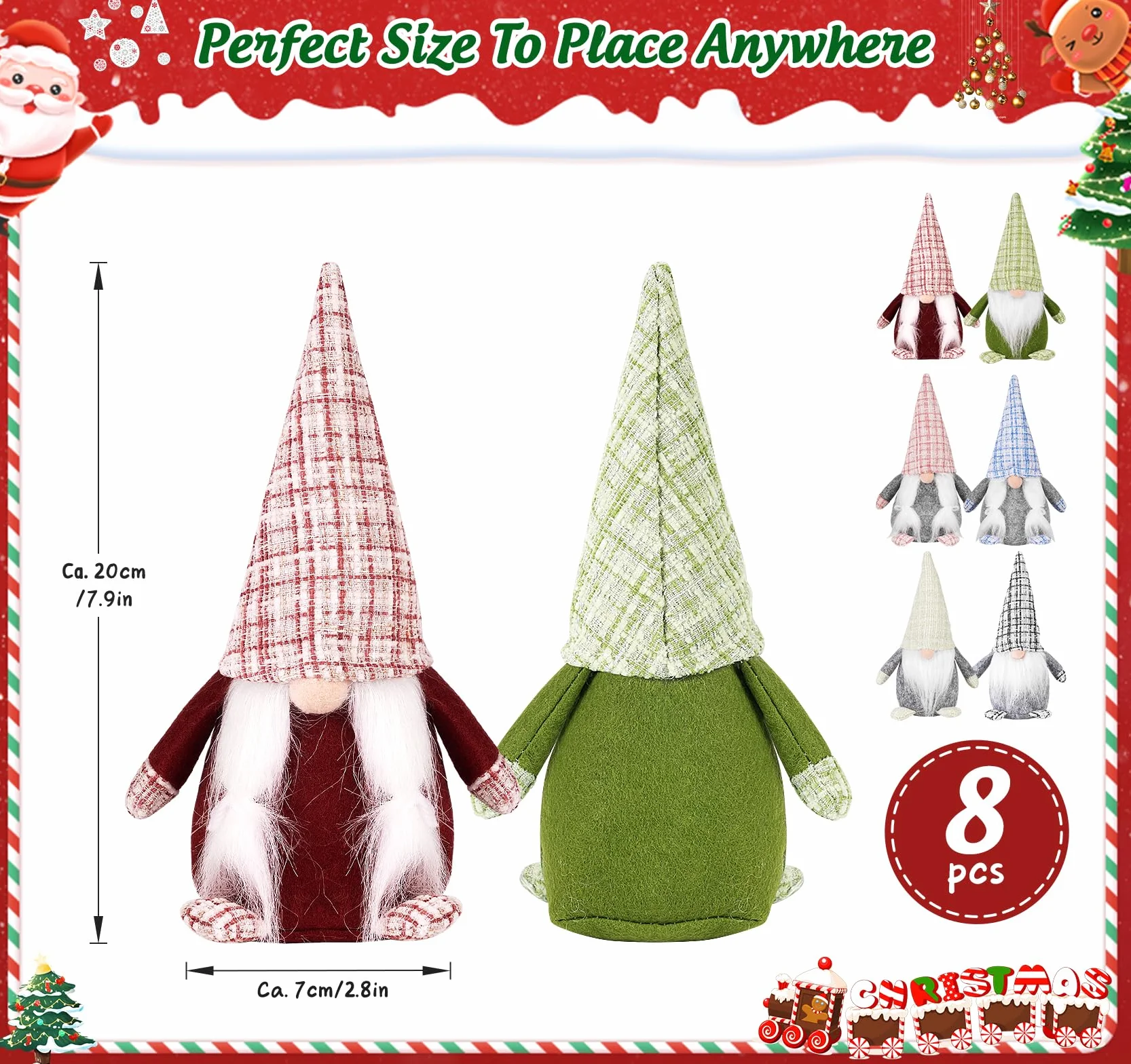 Anstore Gnomy bożonarodzeniowe, 8 szt. tweedowych gonków, 20 cm, świąteczna figurka Świętego Mikołaja, grota, dekoracje gnomów, ręcznie robione figurki gonków, zimowy stół, kominek, ozdoba, moda