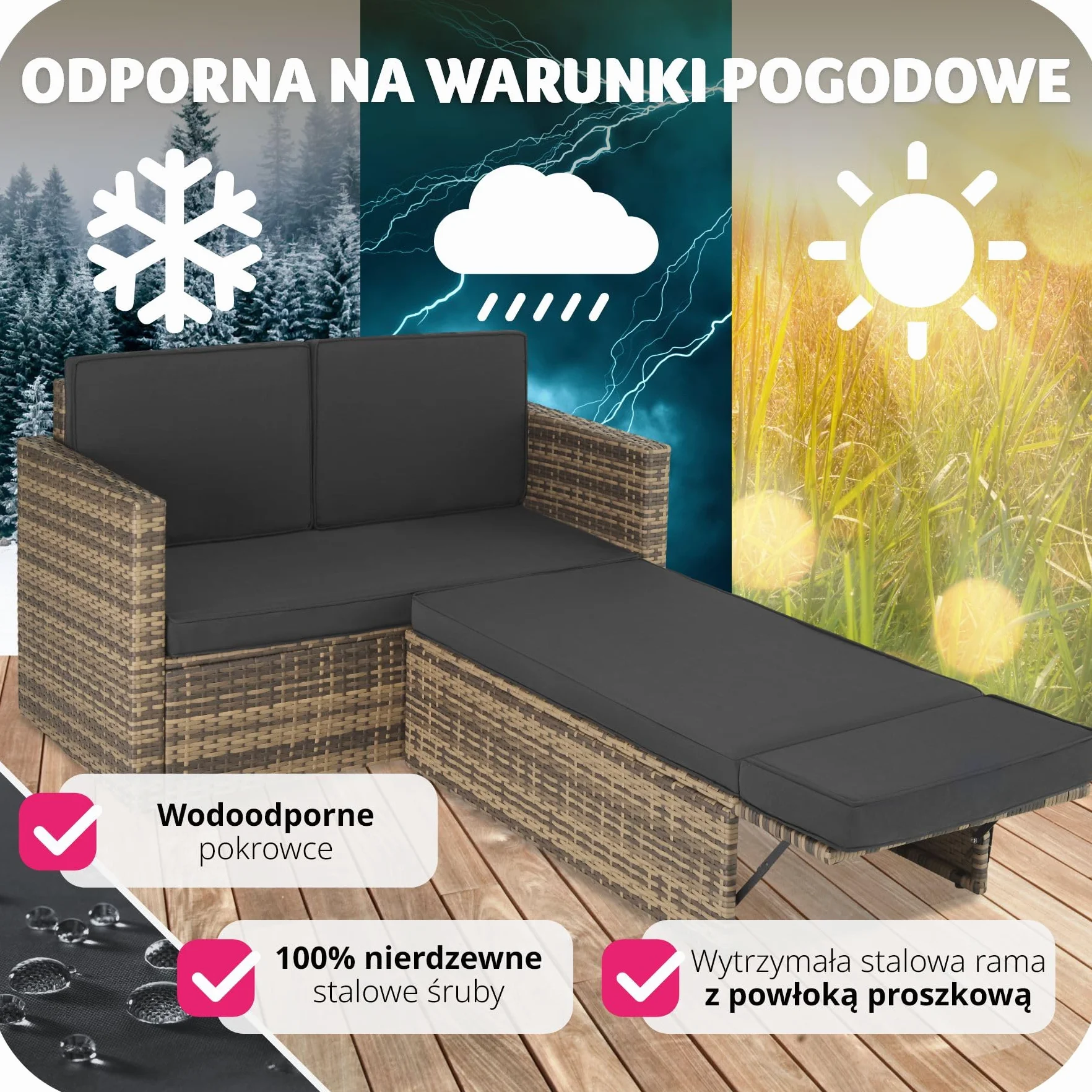 tectake® Zestaw Wypoczynkowy Korfu,do Domu, Ogrodu i na Taras, Technorattan, Duży Puf z Podporą, Stelaż ze Stali, Wodoodporne Poduszki (Naturalny)