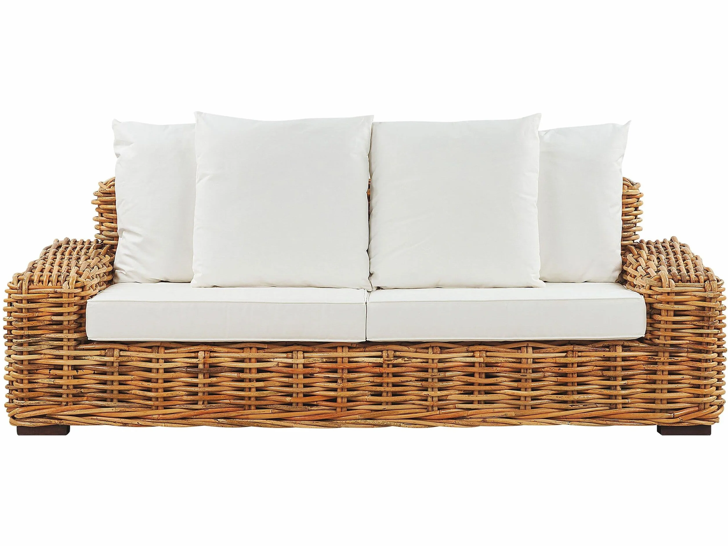 Sofa ogrodowa 3-osobowa kanapa z białymi poduszkami rattanowa naturalna Florli