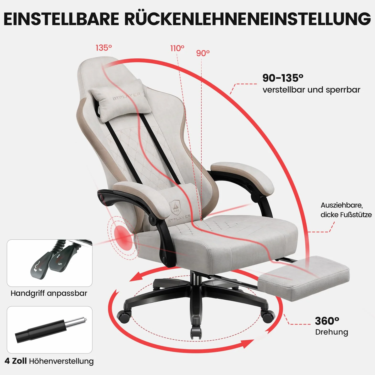 GTPLAYER Fotel gamingowy z materiału, fotel gamingowy z poduszką ze sprężynami kieszeniowymi, ergonomiczne krzesło obrotowe, krzesło dla graczy z podnóżkiem, obciążenie 150 kg, beżowy