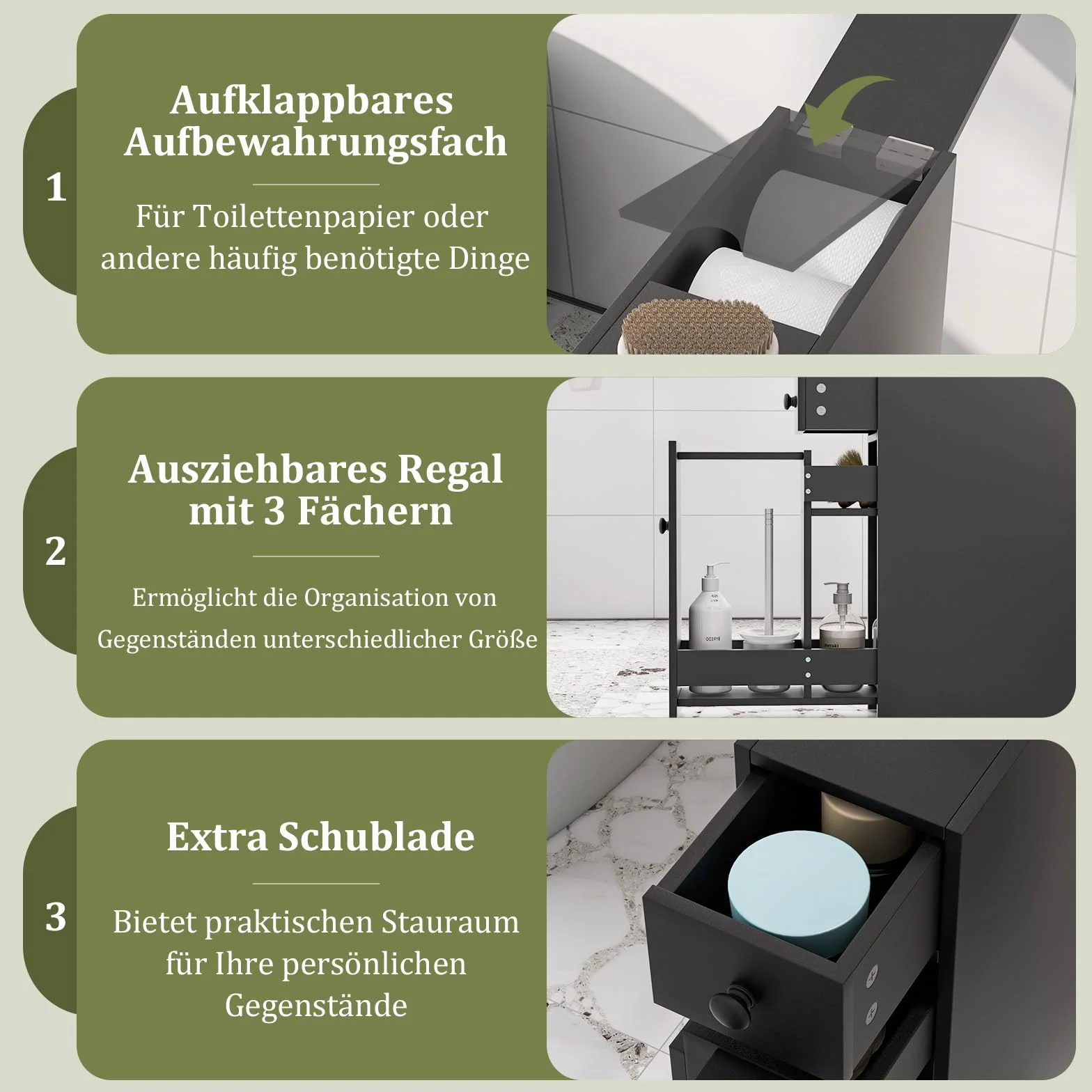 COSTWAY Szafka wnękowa z szufladami, wąska szafka wnękowa z drewna, boczna szafka łazienkowa, kuchenna, wielofunkcyjna, do łazienki, kuchni, salonu, 16 x 48 x 58 cm (czarna)