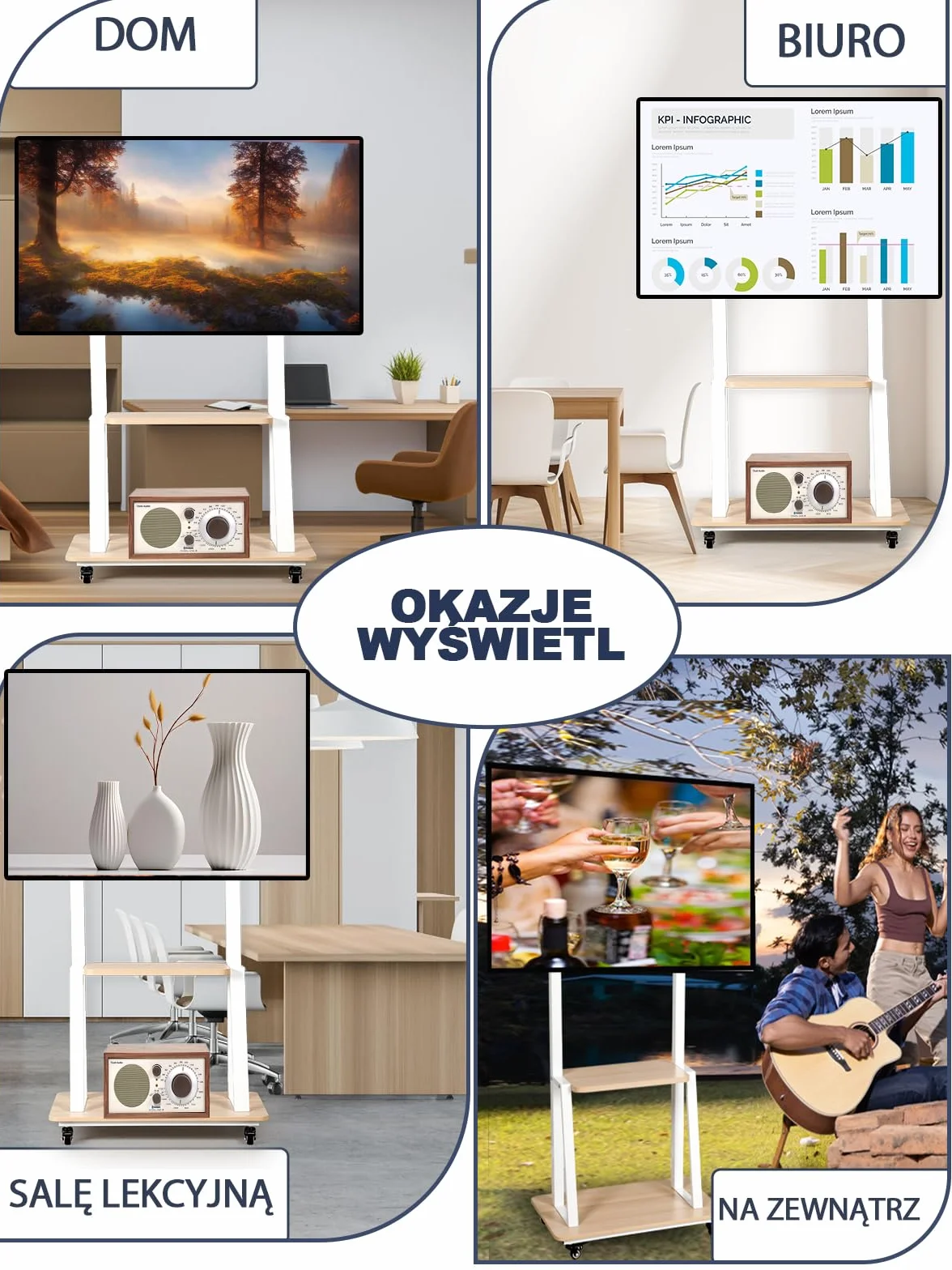 Mobilny stojak na telewizor, na kółkach, płaski / zakrzywiony stojak na telewizor z kółkami z regulacją wysokości, wytrzymały, przenośny stojak podłogowy z drewnianą półką, wytrzymuje obciążenie do 45